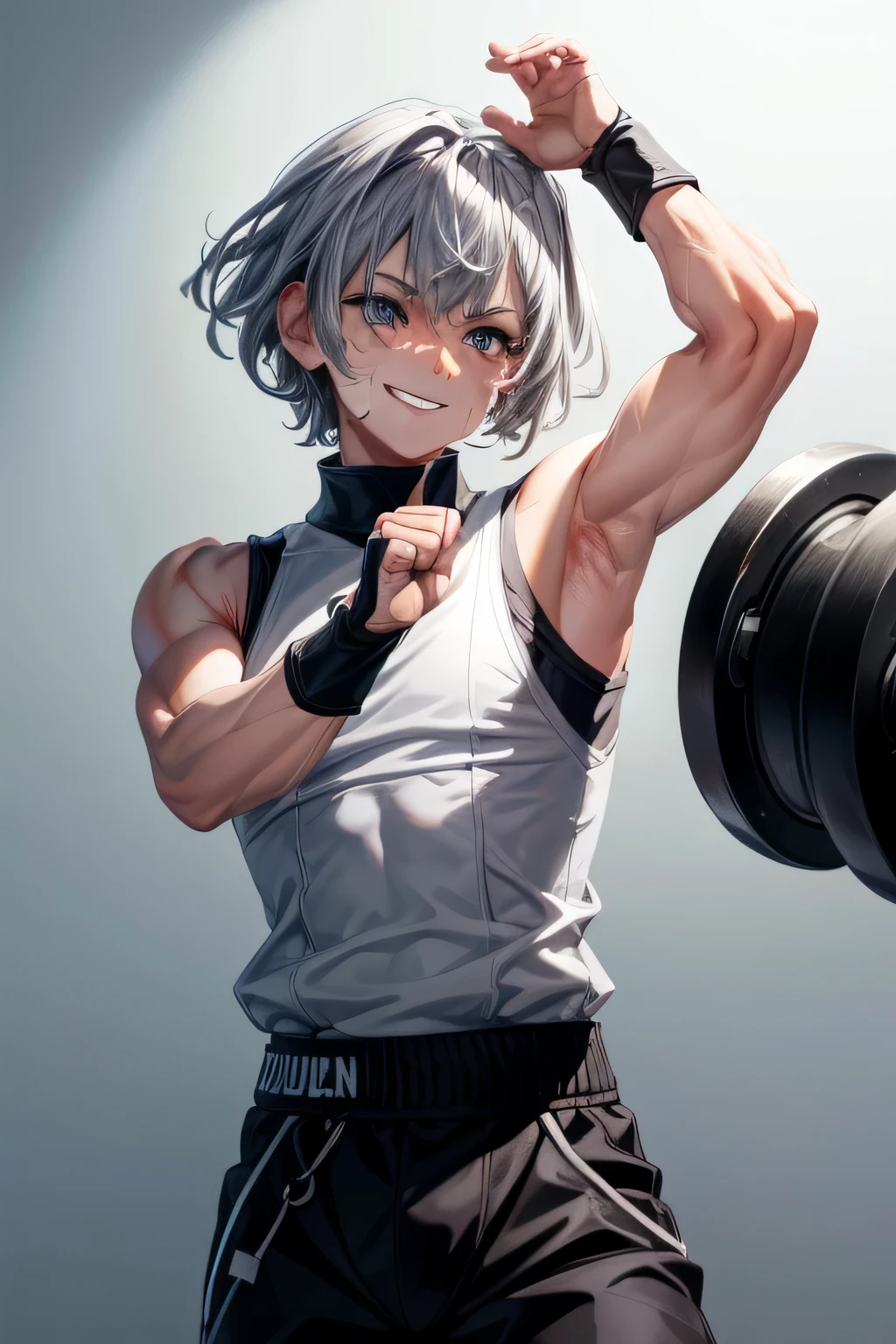 8k high resolution,detailded face,detailed bpdy,perfect body,ultra high quality,1 boy, sleeveless shirt,arms up with dumbell, sweating, smile face, grey eyes, fitness pose, fuul body, wearing black trousers, smilling face, grey hair, short hair