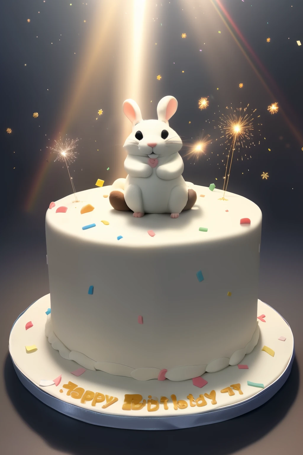 ((worst quality, low-quality)), Big birthday cake in the center, ferret,  White rabbit, White rat, Surrounding the cake, Confetti, Landscape of flower garden, rainbows, (Shining sunlight), (light Particle, light glow, llight rays:1.4), masutepiece,Best Quality,ultra-detailliert,