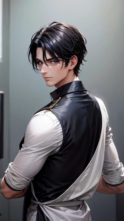 masterpiece, best quality, highly detailed, mysterious, dark, sophisticated, upscale, men, , confidently observing the scene with a sly smile, green eyes, black hair, side view face with back facing, good posture, bored look, luxury, male, guy