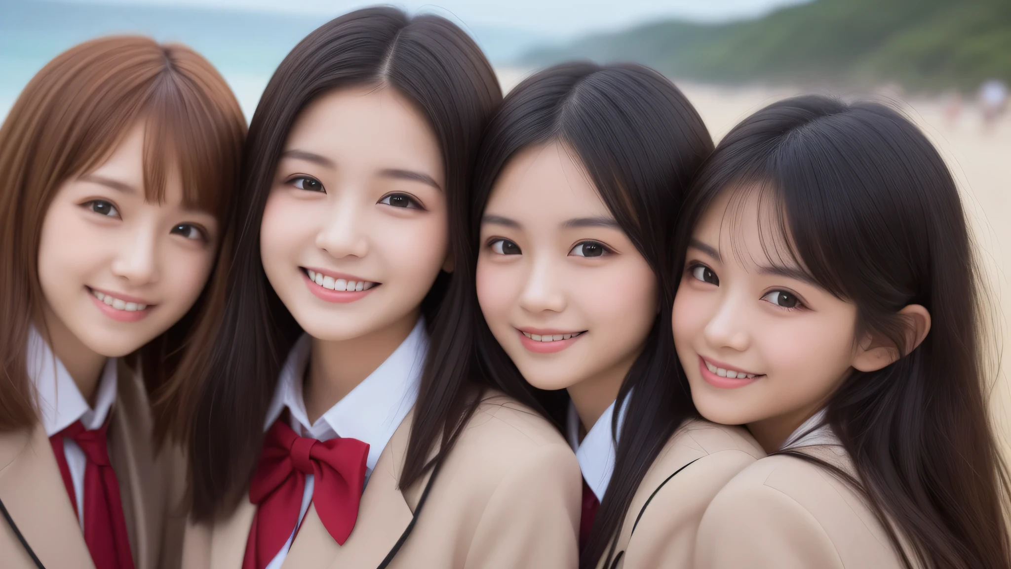 (1girl), (big smile), beautiful face, Amazing face and eyes, delicate, (Best Quality:1.4), (Ultra-detailed), (extremely detailed beautiful face), (princess hair cut style), cute smile, brown eyes, (highly detailed Beautiful face), (high school uniform:1.2), (extremely detailed CG unified 8k wallpaper), Highly detailed, High-definition raw color photos, Professional Photography, Realistic portrait, evening, Extremely high resolution, smiling, modern, trendy, fashionable, Group photo of high school girls, face close-up, (beach)