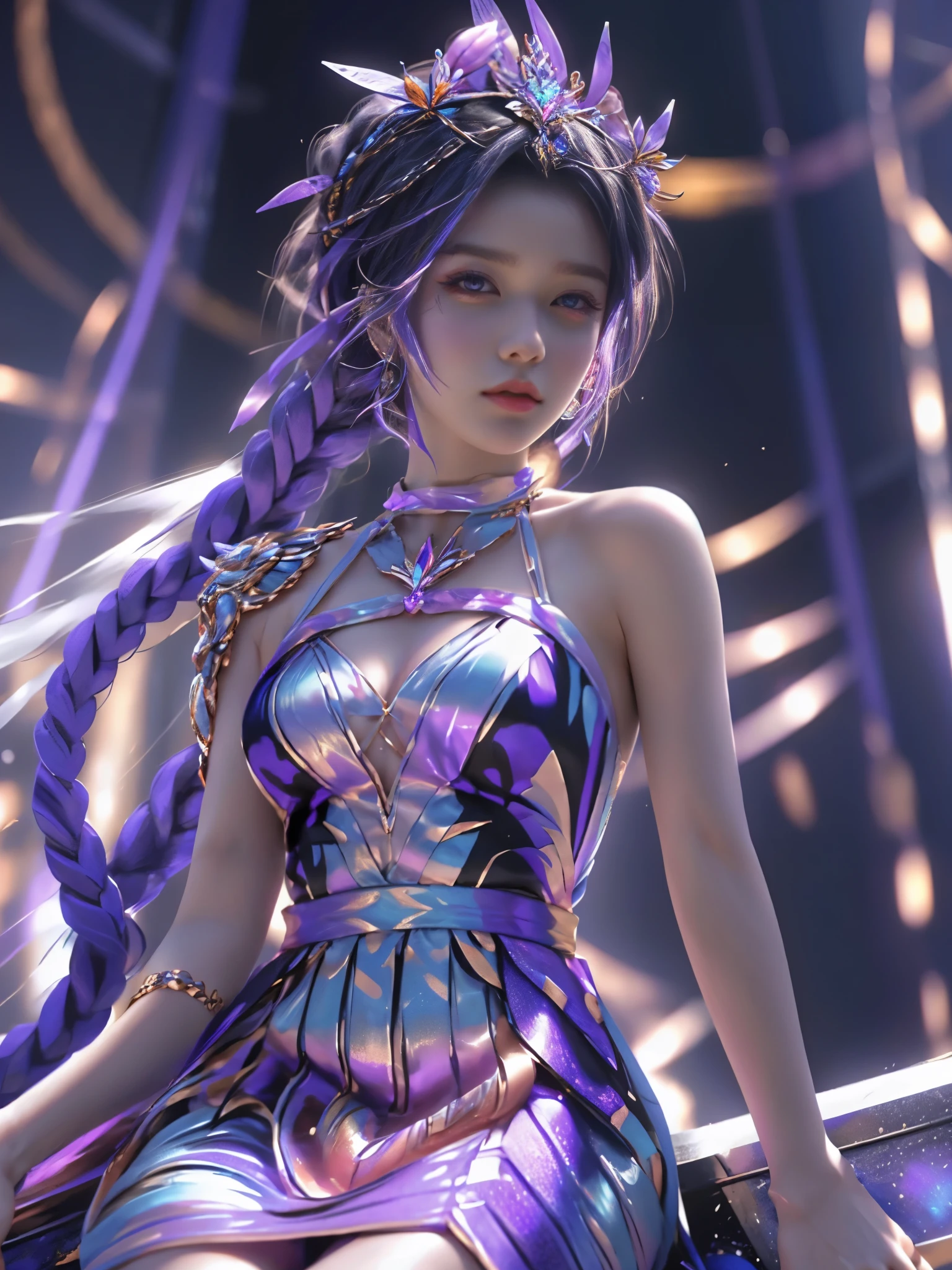 best quality, 1 girl, WHO, alone,Colorful braided dress, looking at the audience, upper part of the body,purple light hits the girl