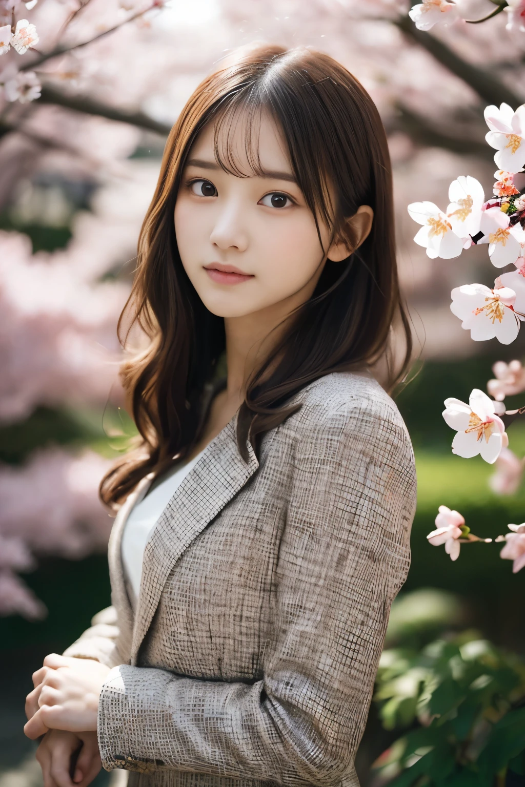 (masterpiece、High resolution、high resolution、超High resolution、Delicate、16K、perfect lighting、sunlight）1 female（25 years old、brown hair、long hair、curly hair、clear eyes、dense lips、slim、Slender、OL、suit）garden、cherry blossoms、cherry blossoms並木