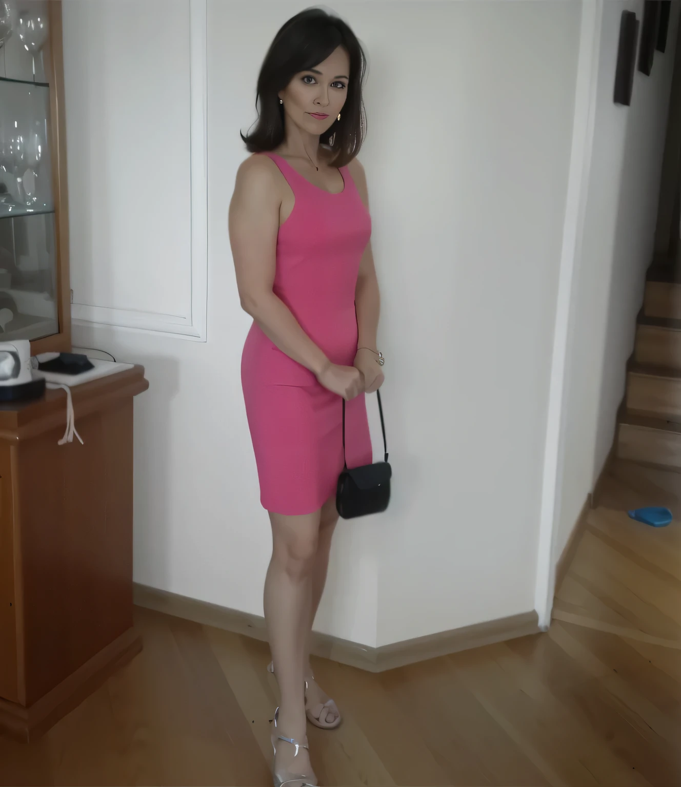 there is a woman in a pink dress standing in a room, wearing a pink dress, dressed in a pink dress, she is about 40 years old, pink dress, she is about 40 years old, she is about 40 years old, she is about 40 years old, wearing a red dress, wearing a red sundress. Full body photo, clear photo, high quality, high resolution, masterpiece, 8K