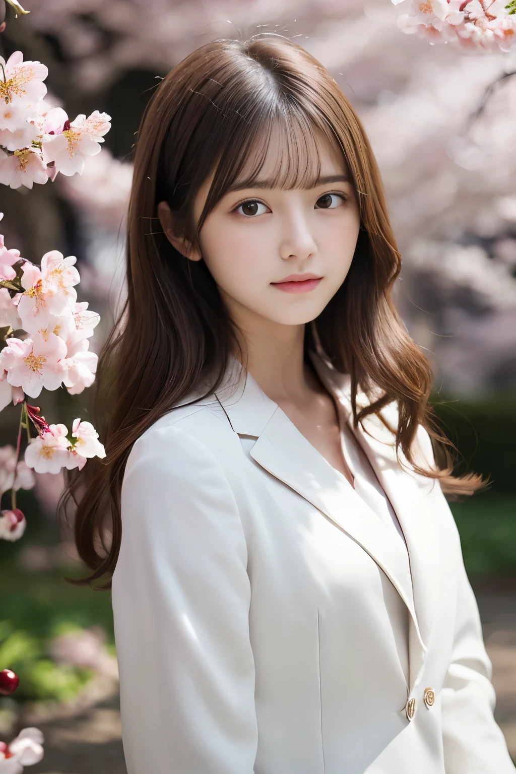 (masterpiece、High resolution、high resolution、超High resolution、Delicate、16K、perfect lighting、sunlight)1 female(25 years old、brown hair、long hair、curly hair、clear eyes、dense lips、slim、Slender、OL、suit)garden、cherry blossoms、cherry blossoms並木