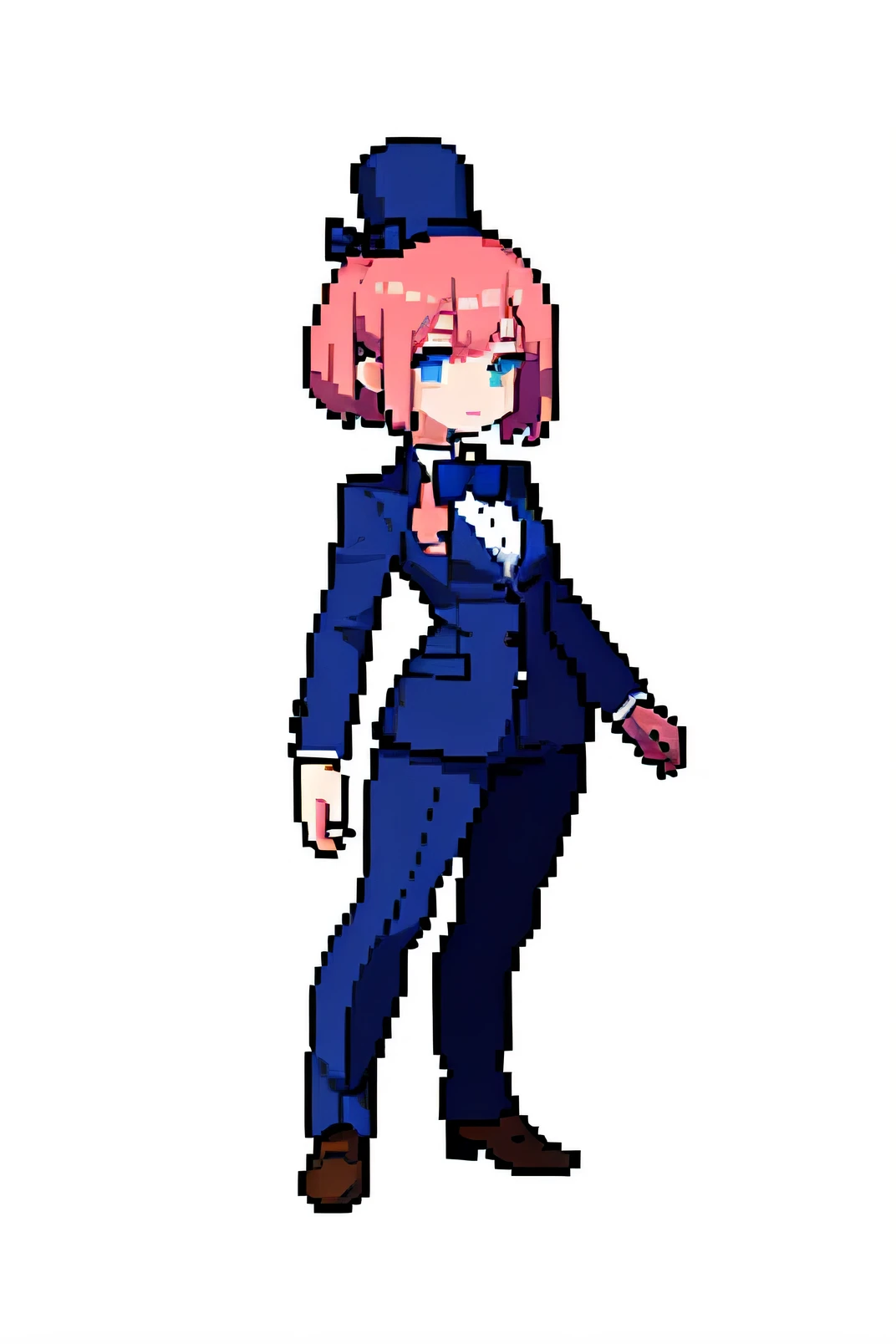 pixel, pixel art, , whole body, teacher, pink suit, blue bow tie, girl, hat