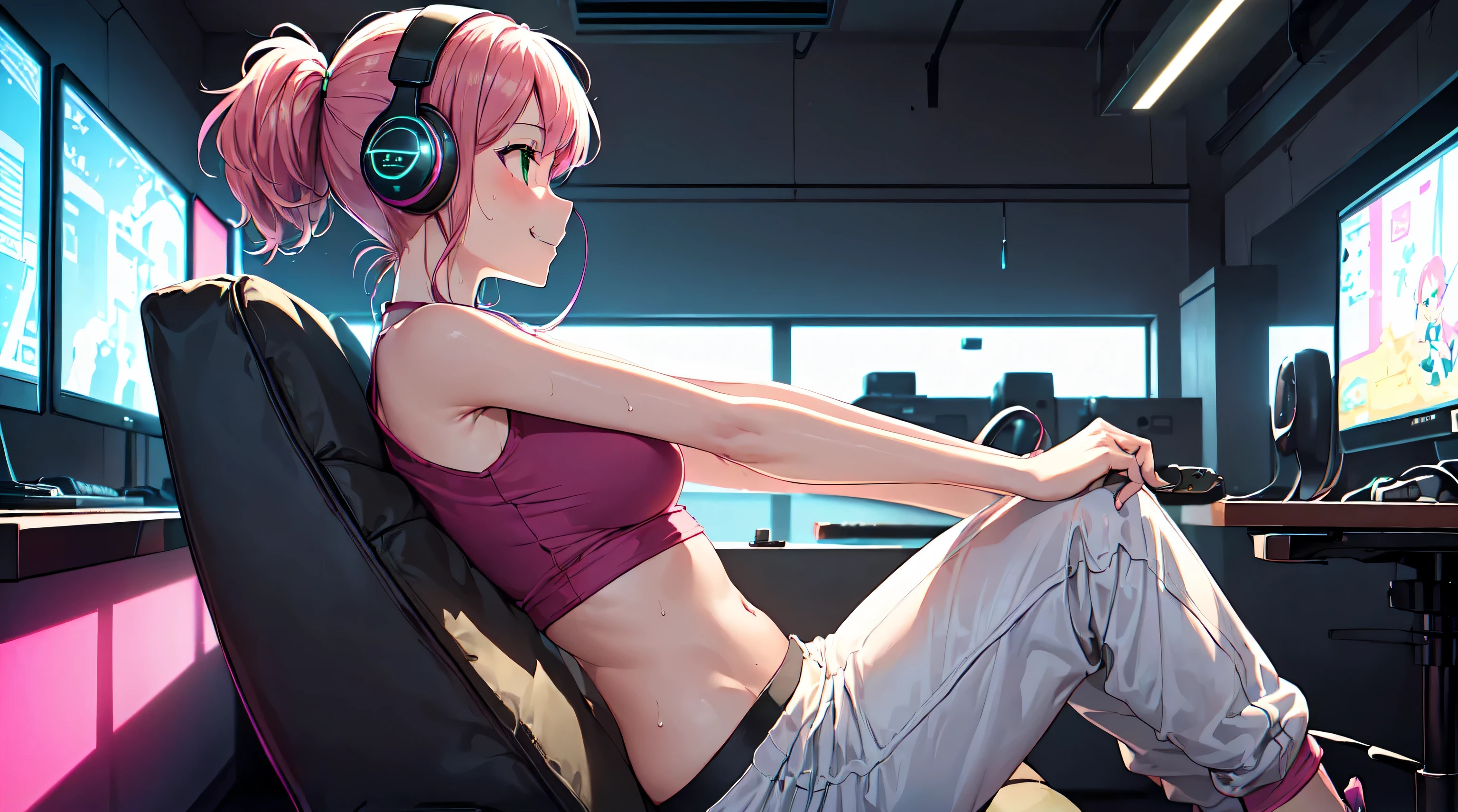 ​masterpiece, 1girl ((20year old, dressed in a tight crop top exposes navel, sweat pants, sneakers, medium breasts, multicolor pink hair, twin ponytails, perfect model body, green eyes:1.5, flirting, happy, big smile, wearing headphones, sitting in a gaming chair playing video games:1.4, gaming center, relaxing atmosphere:1.2)) ((solo:1.6)) ((LoFi)) ((profile, side view)) ((wide camera angle))