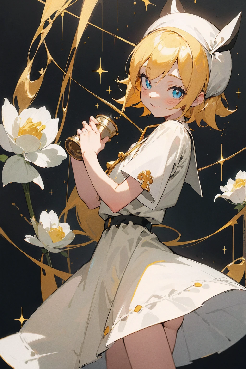 ((masterpice)), ((utral detailed)), ((cute)), ((niji art)), ((cute pose)), ((detailed eyes)), ((illusion)), blue eyes, ((detailed hand)), ((anime theme)), ((dark scene)), ((shape face)) ,1 girl,Kagamine Rin with a short curly messy blonde hair, wearing a white nun (sister) outfit with golden string, outfit beautiful (detialed), ((sparkling)), ((cute detailed artstyle)), church white background, cute, Japan, sister mercy song, dark,background in a church fill with golden sparkling light,Kagamine Rin with a short blonde curly hair, wearing a white nun (sister) outfit with golden string((detailed)), ((masterpiece)), ((cool smiling)), hand holding a cup of tea.,kagamine rin, ((bloom)).,RETRO ART STYLE, NEON_POP ART STYLE, ART STYLE,add_detail:1, add_detail:0, add_detail:0.5