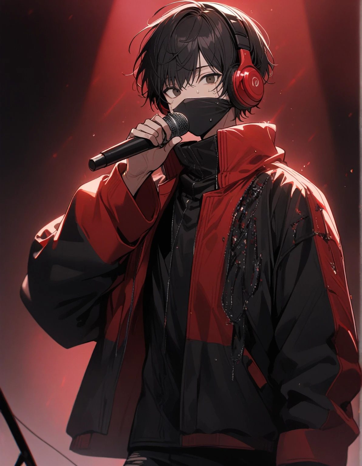 1 guy, black hair, short hair with bangs with a red gradient on his hair, black eyes, looks at the viewer, sings into the microphone, stands on stage, singer, red headphones on, black mask covers his mouth, dressed in a black baggy jacket and black ripped jeans with red sequins, sweat on his face, tense, gentle tones