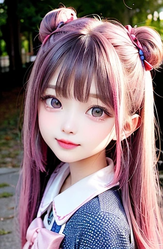 small face、 Super detailed,明るいcolor, very beautiful detailed anime face and eyes, look straight, shiny_skin,girl, (((虹colorの髪, colorful hair, Half black、half pink hair: 1.2))) 、forehead is exposed.、green eyes、、shiny hair, delicate beautiful face, blush、Glasses、(turquoise eyes), White skin, Valletta, earrings,、sunset、forest road、(((Polka dot pattern、Blue summer clothes、White checked mini skirt)))、twin tails、smile、happy face、face dyed red、color々pose、Head to toe full body portrait、