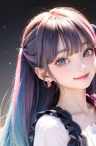 small face、 Super detailed,明るいcolor, very beautiful detailed anime face and eyes, look straight, shiny_skin,girl, (((虹colorの髪, colorful hair, Half black、half pink hair: 1.2))) 、forehead is exposed.、green eyes、、shiny hair, delicate beautiful face, blush、Glasses、(turquoise eyes), White skin, Valletta, earrings,、sunset、forest road、(((Polka dot pattern、Blue summer clothes、White checked mini skirt)))、twin tails、smile、happy face、face dyed red、color々pose、Head to toe full body portrait、
