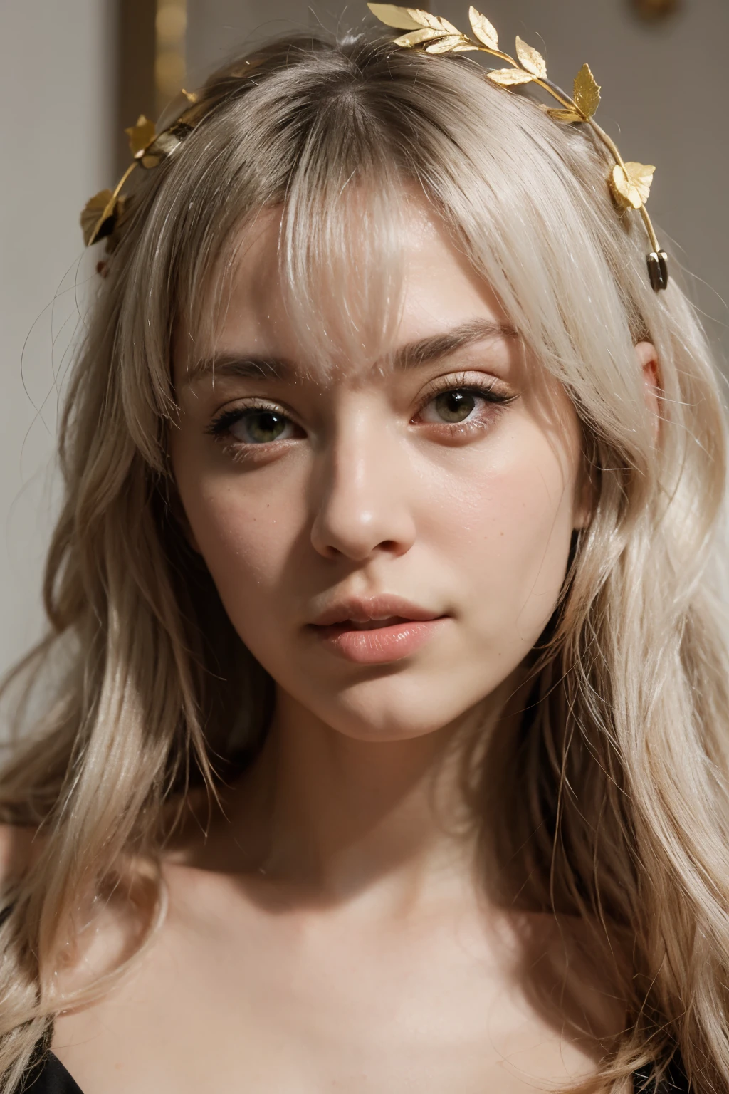 olive skin, white hair, golden eyes, gold laurel wreath, painterly anime style