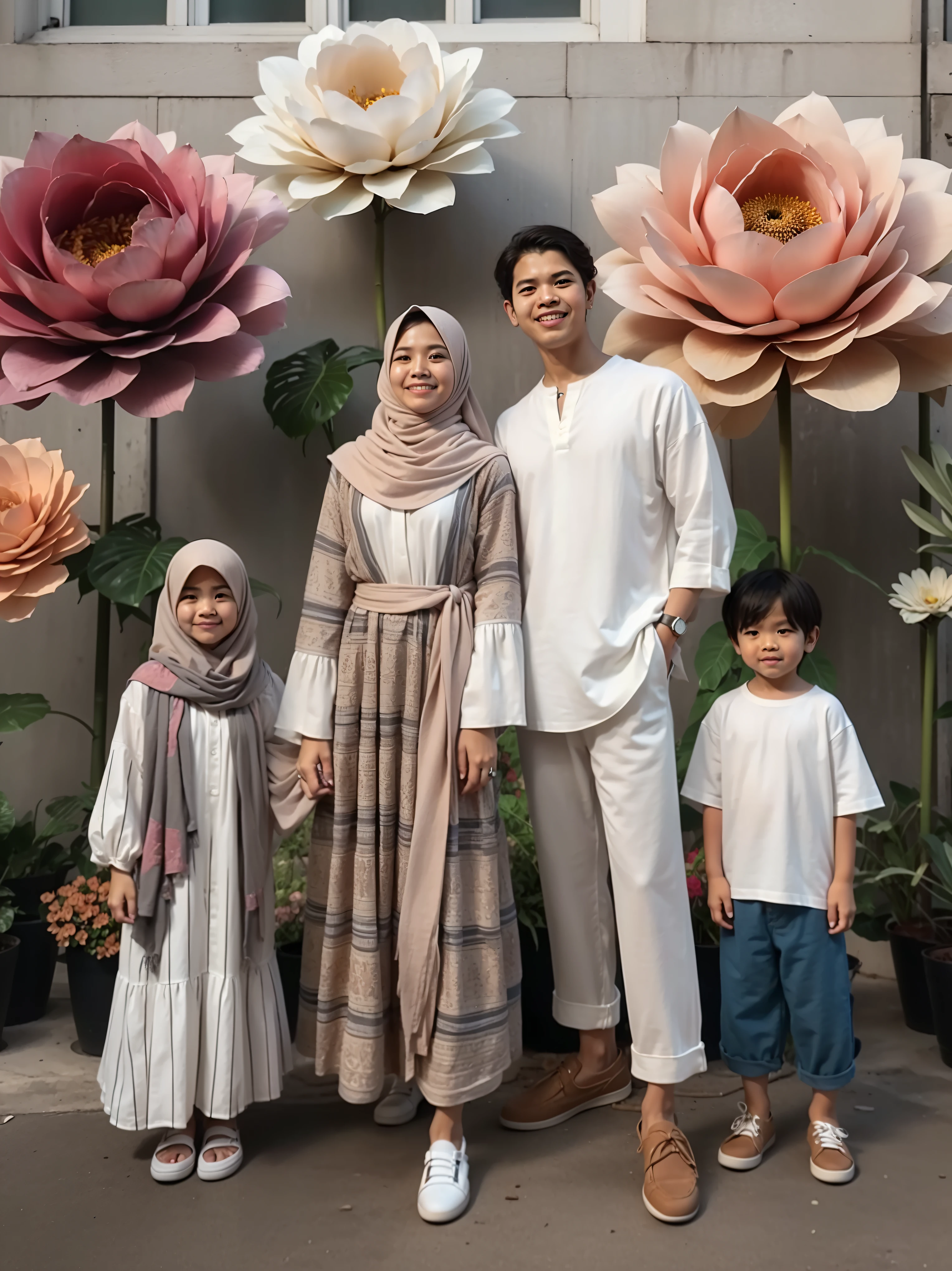 there are a group of people standing in front of a flower display, an indonesian family portrait, barong family, backdrop, happy family, barong family member, inspired by Shaddy Safadi, inspired by Nazmi Ziya Güran, inspired by Fathi Hassan, inspired by Sasha Putrya, inspired by Basuki Abdullah, by Basuki Abdullah, inspiration