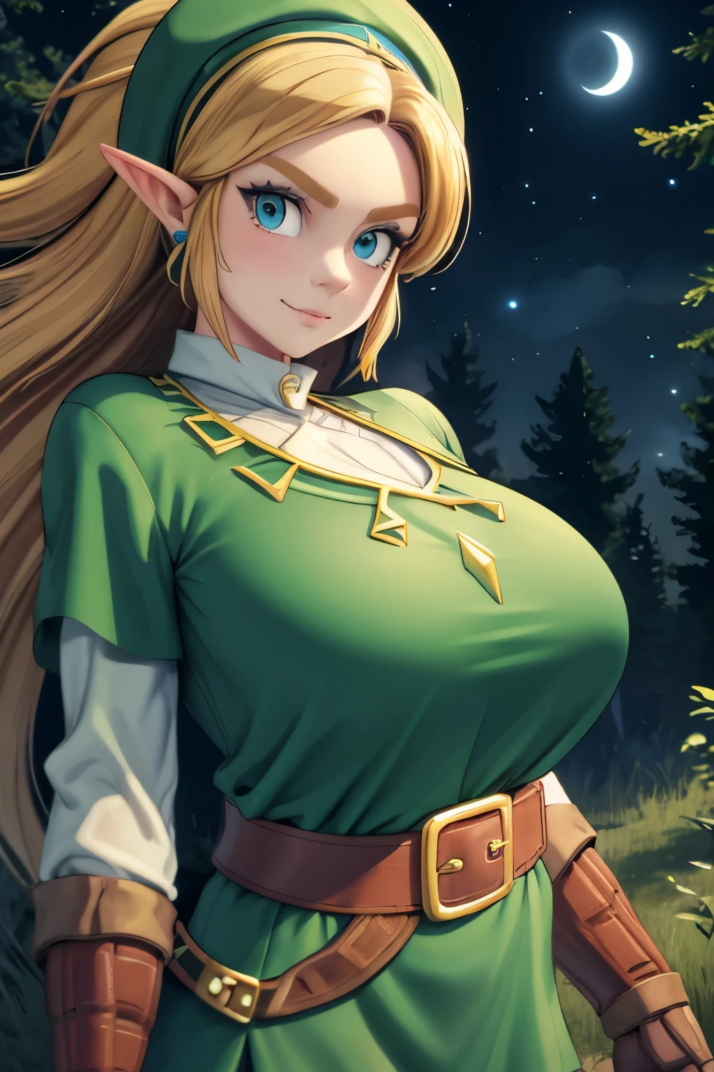 masterpiece, best quality, zelda, hat, green tunic, belt, fingerless gloves, cowboy shot, looking at viewer, darkness, forest, night, night sky, medium breasts, cute face