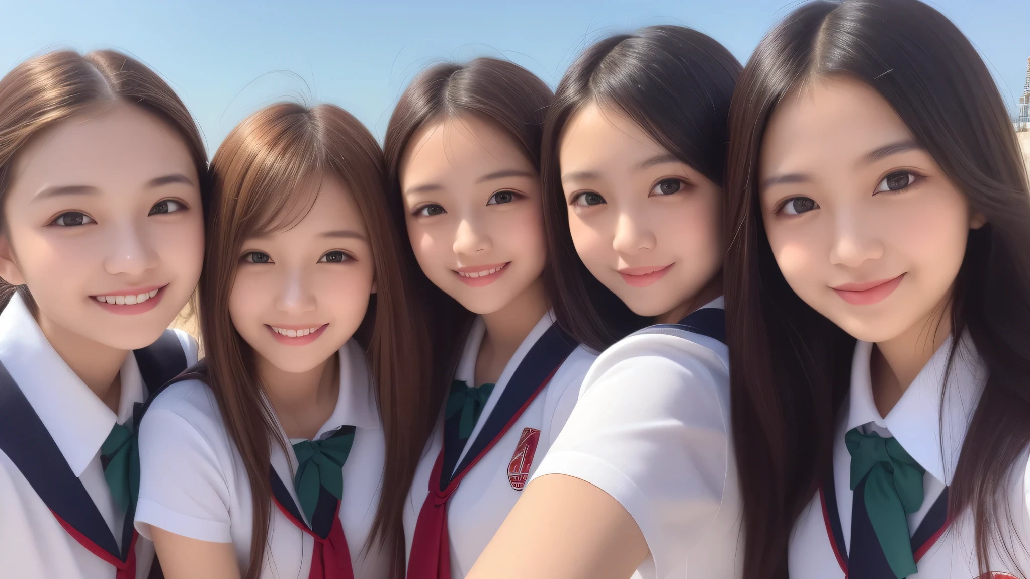 (1girl), (big smile), beautiful face, Amazing face and eyes, delicate, (Best Quality:1.4), (Ultra-detailed), (extremely detailed beautiful face), (princess hair cut style), cute smile, brown eyes, (highly detailed Beautiful face), (summer high school uniform:1.2), (extremely detailed CG unified 8k wallpaper), Highly detailed, High-definition raw color photos, Professional Photography, Realistic portrait, evening, Extremely high resolution, smiling, modern, trendy, fashionable, Group photo of high school girls, face close-up, (beach)