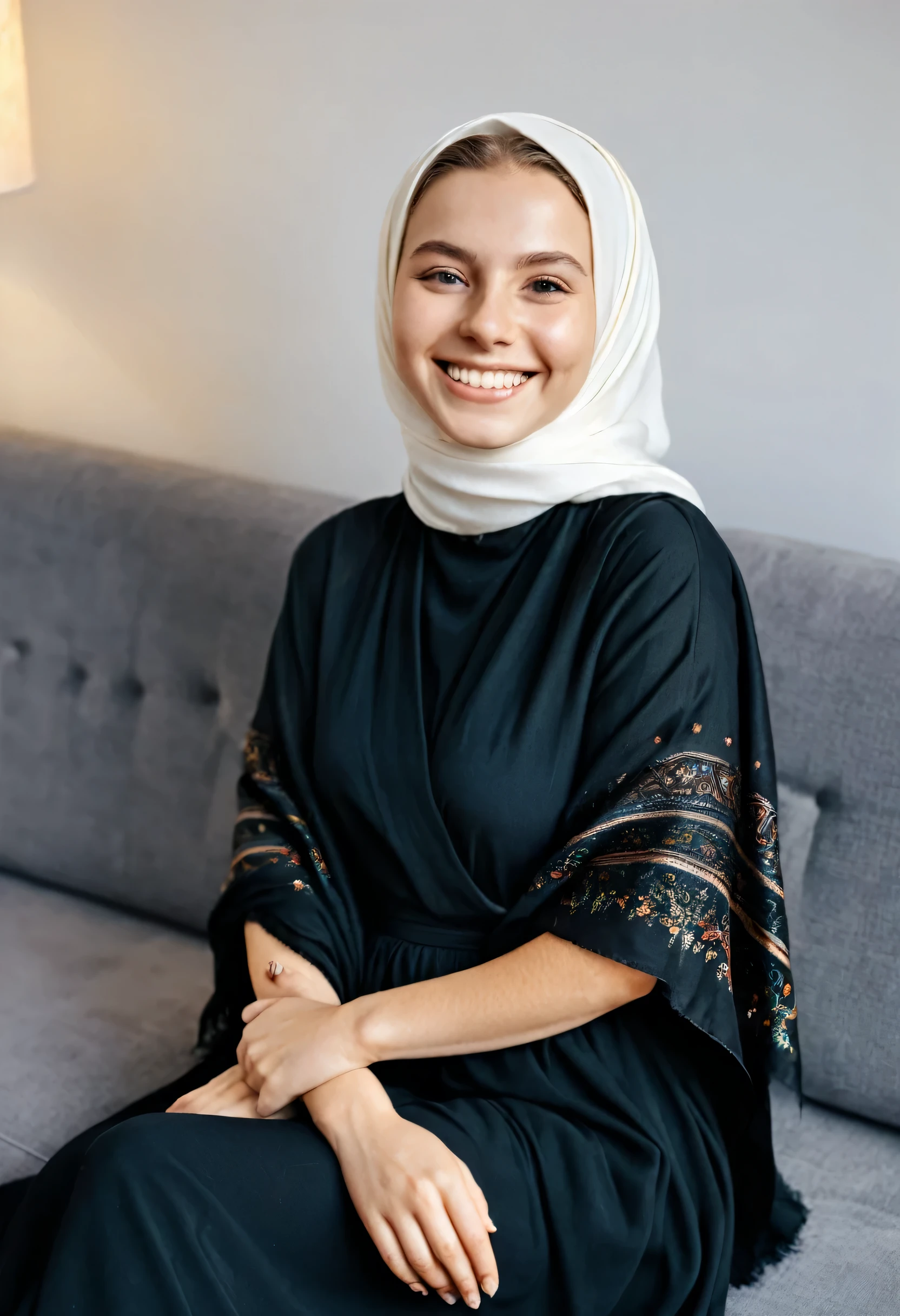 A headscarf covered with a shawl. She is a 25-year-old girl with white skin and a smile. She is wearing a black dress. The girl is smiling and very happy. She is sitting on the sofa at home