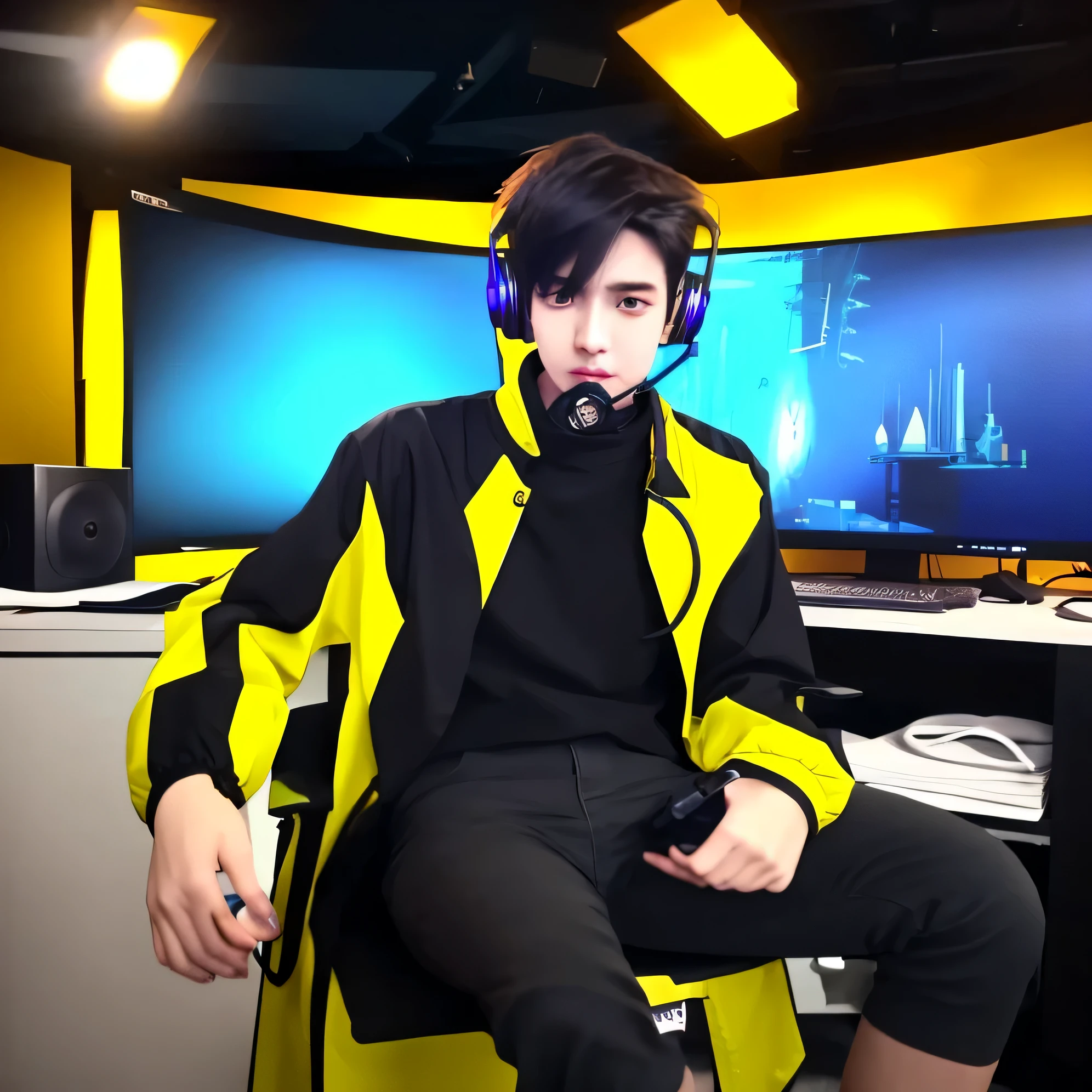 YouTube Studio ke liye anime cartoon character sitting on chair front face position with mic behind a table in studio his shirt color is yellow wearing black jacket with loads of futuristic gadgets content creator