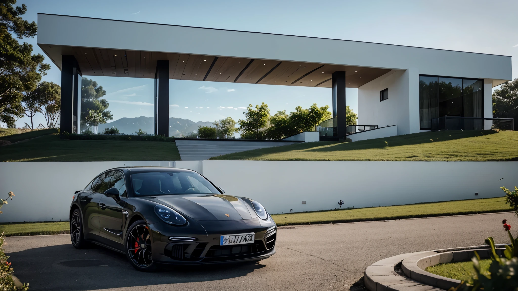 Observing a stunning view of nature from a modern house with two Porsche Panamera parked