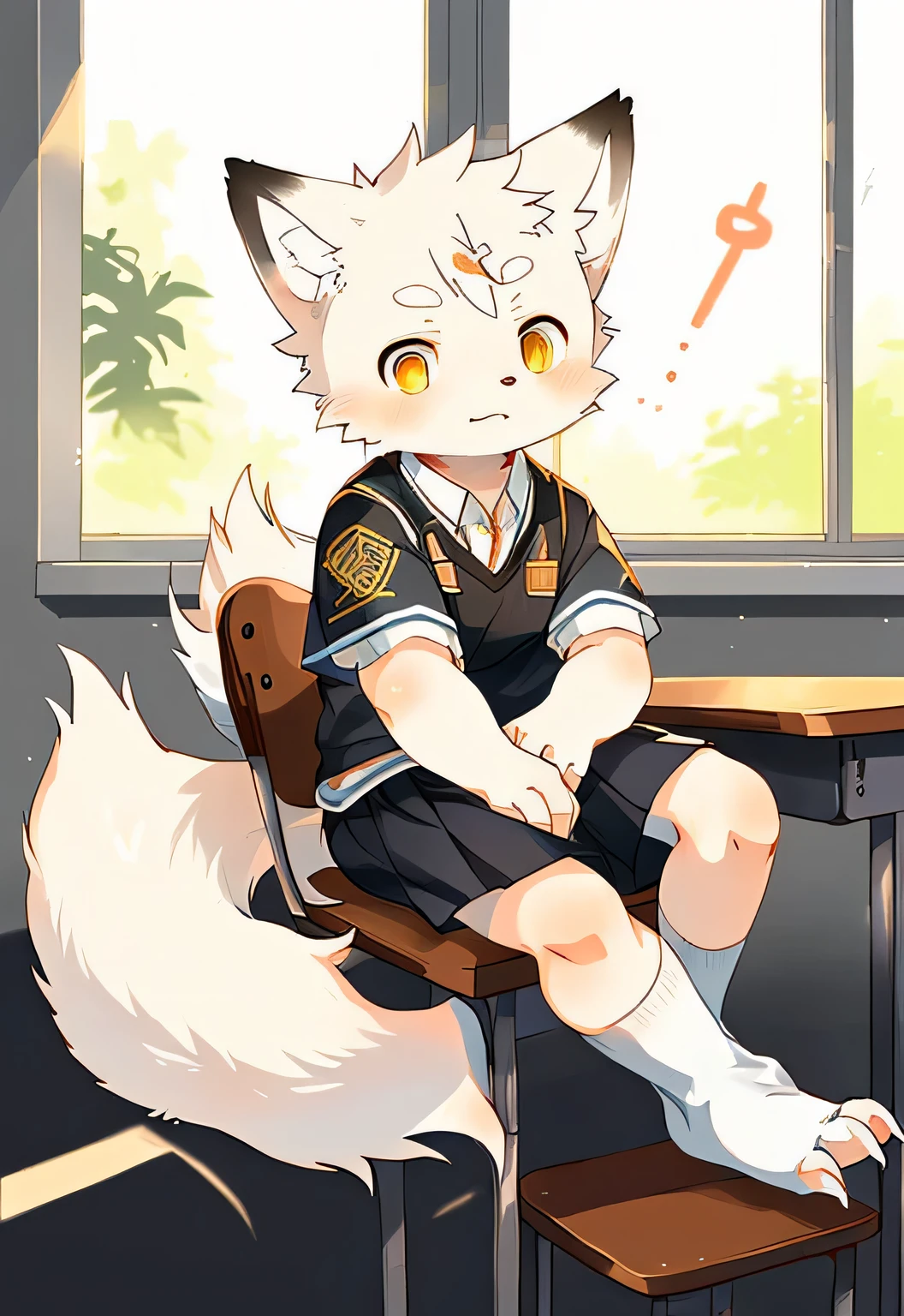 unique,Kanno,white fox,male,hairy,best quality,Shota,Humanity,Uniforms,classroom,claws,hairy tail,white socks,think,no shoes,Golden Sun Rune,golden eyes,cute,sit down