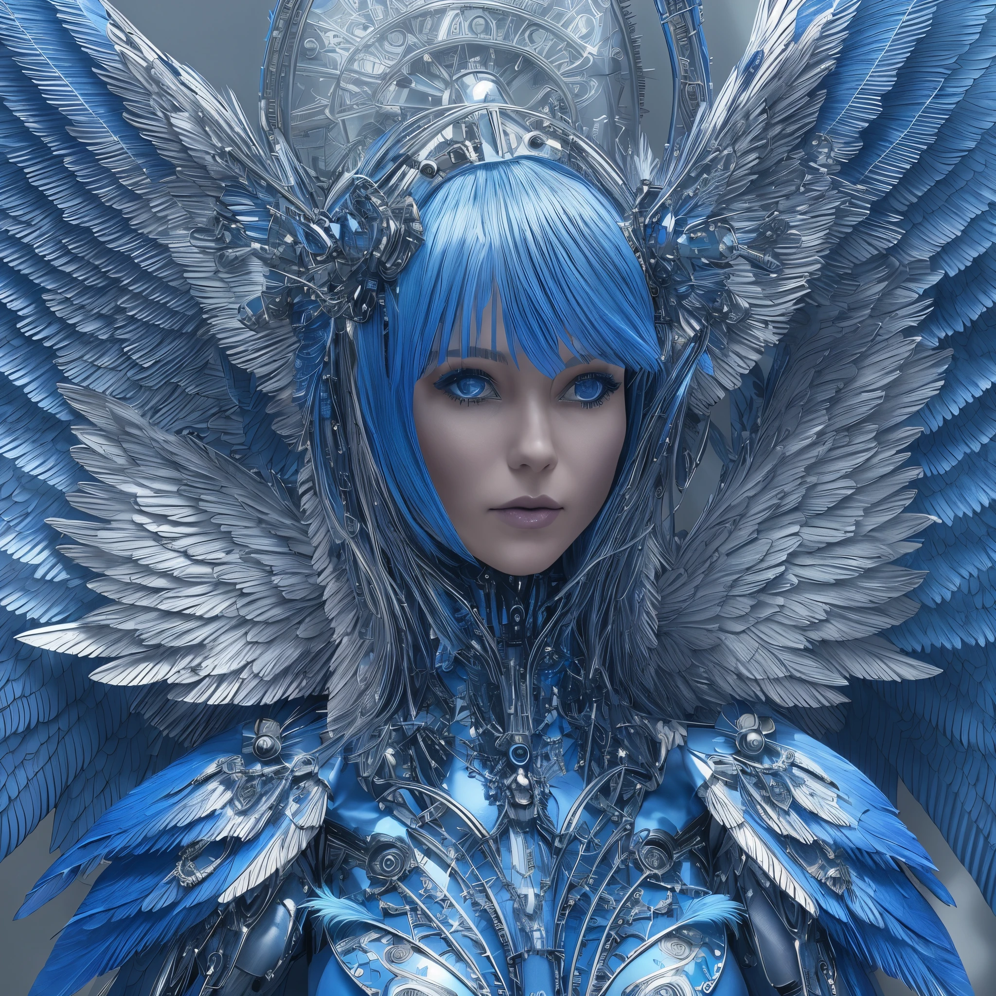 Close-up of a woman in a blue dress with wings, full body angel, futuristic robot angel, amazing angel wings, angel knight gothic girl, angel in plastic armor, intricate costume designs, As a mysterious Valkyrie, The whole body is made of blue feathers,, futuristic and fantastic, Blue wings, beautiful angel wings, steampunk angel, beautiful cyborg angel girl, graceful wings