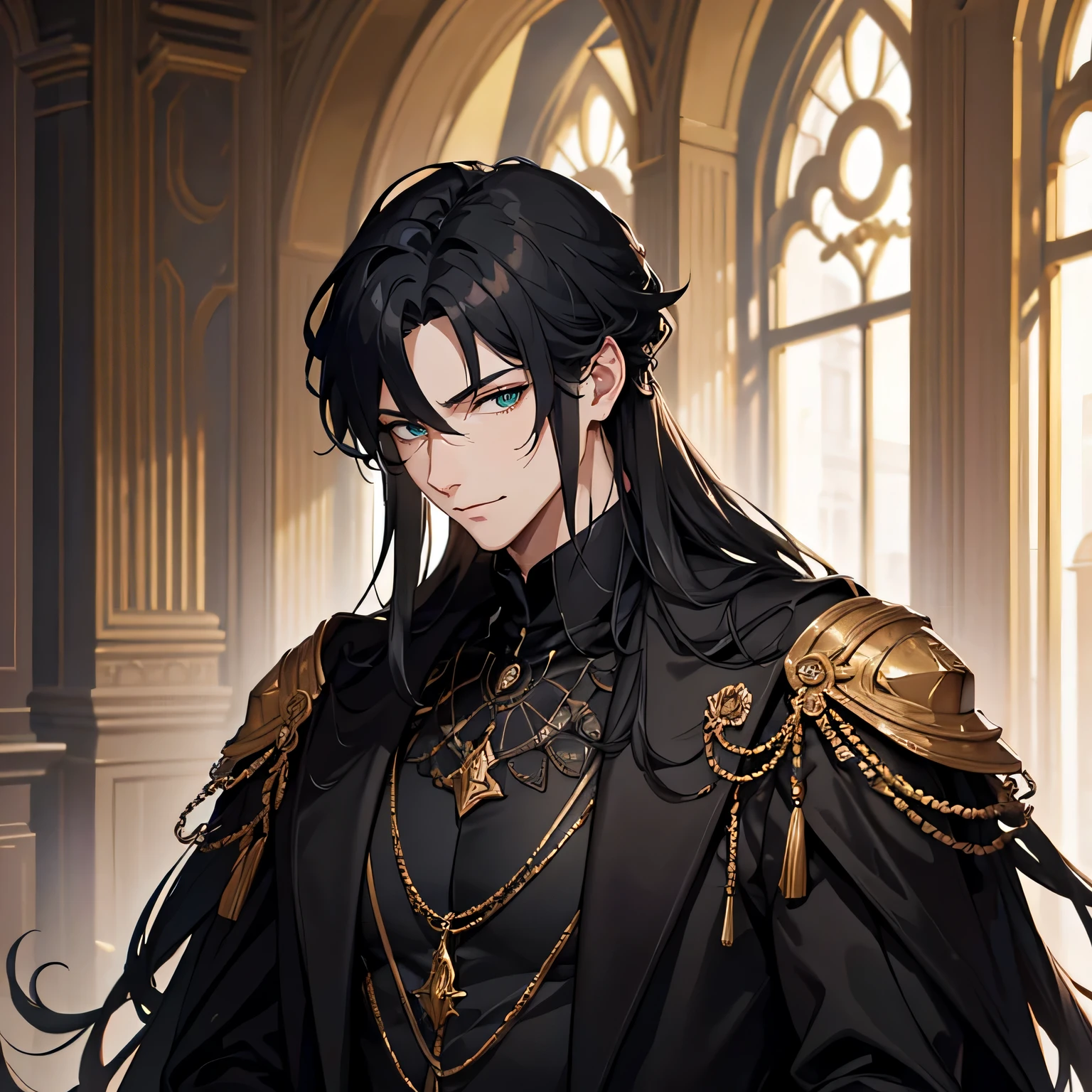 masterpiece, official art, 8k, best quality, highly detailed, mysterious, dark, sophisticated, upscale, men, , confidently observing the scene with a sly smile, green eyes, black hair, side view face with back facing, good posture, bored look, luxury, male, guy