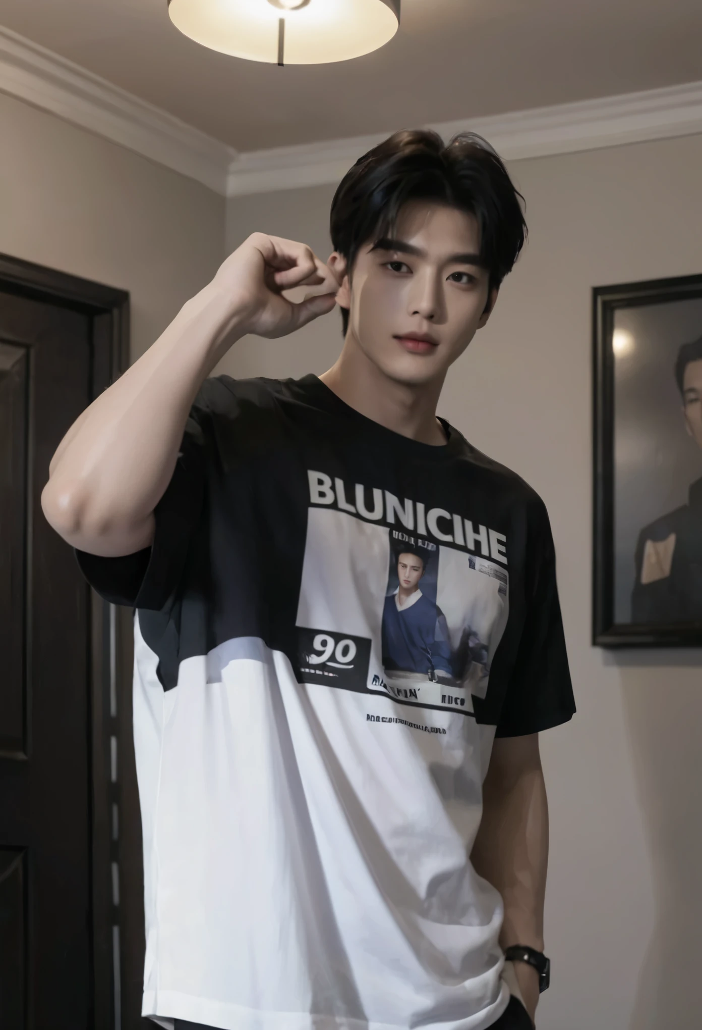 Arafed man in a black and white shirt standing in a room, Jung Jaehyun, jinyoung shin, Won Bin Lee, inspirado por Zhang Han, hyung tae, oficial, Cai Xu Kun, kim doyoung, he wears a black t-shirt, quien es siwoo, yanjun chengt, kim taejin, Hong June Hyung, guapo chad chin