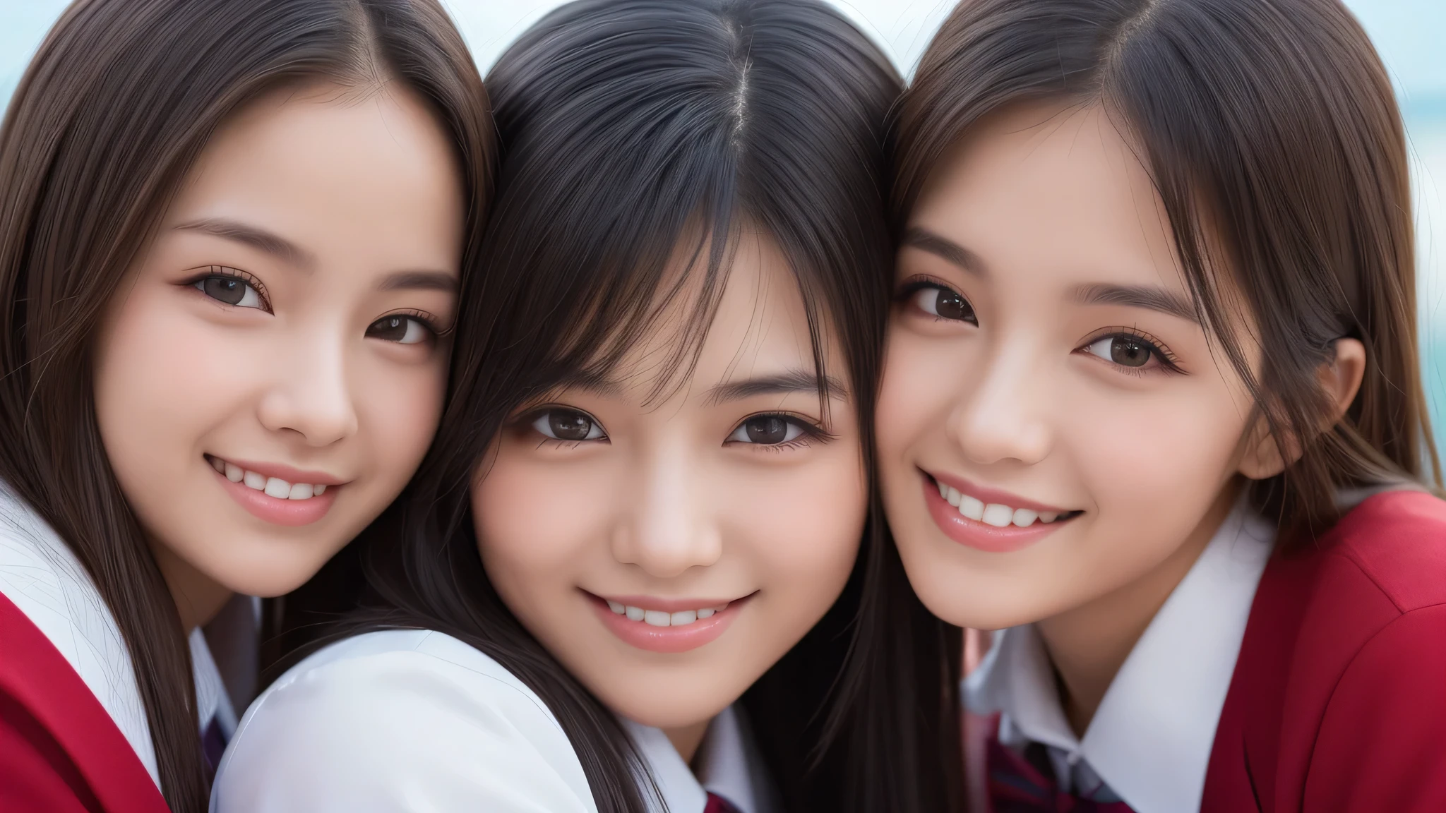 (1girl), (big smile), beautiful face, Amazing face and eyes, delicate, (Best Quality:1.4), (Ultra-detailed), (extremely detailed beautiful face), (princess hair cut style), cute smile, brown eyes, (highly detailed Beautiful face), (summer high school uniform:1.2), (extremely detailed CG unified 8k wallpaper), Highly detailed, High-definition raw color photos, Professional Photography, Realistic portrait, evening, Extremely high resolution, smiling, modern, trendy, fashionable, Group photo of high school girls, face close-up, (beach)