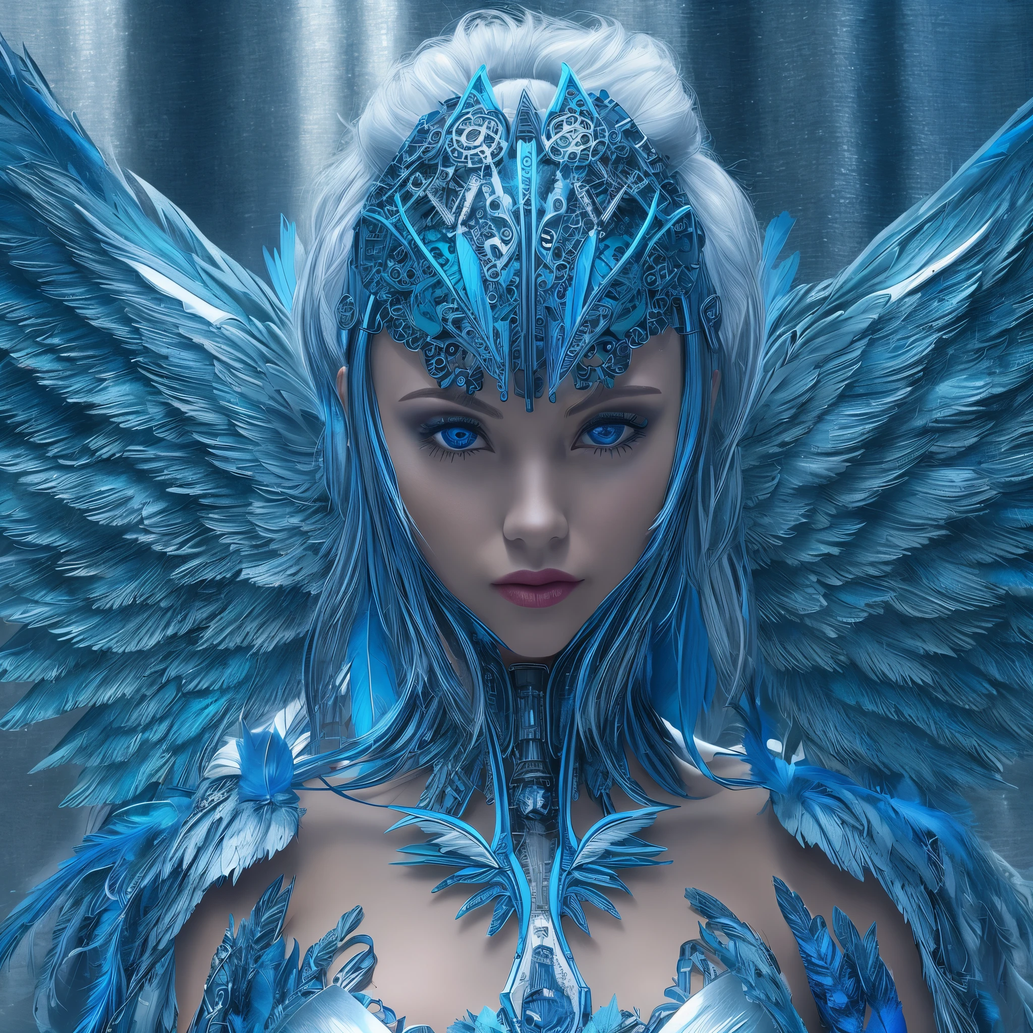 Close-up of a woman in a blue dress with wings, full body angel, futuristic robot angel, amazing angel wings, angel knight gothic girl, angel in plastic armor, intricate costume designs, As a mysterious Valkyrie, The whole body is made of blue feathers,, futuristic and fantastic, Blue wings, beautiful angel wings, steampunk angel, beautiful cyborg angel girl, graceful wings