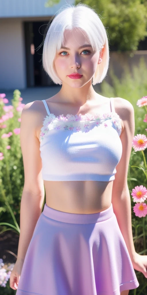 realistic, 1girl, white hair, purple eyes, glowing eyes, crop top, skirt, parted lips, blush, night, flowers, sun, sunlight,
