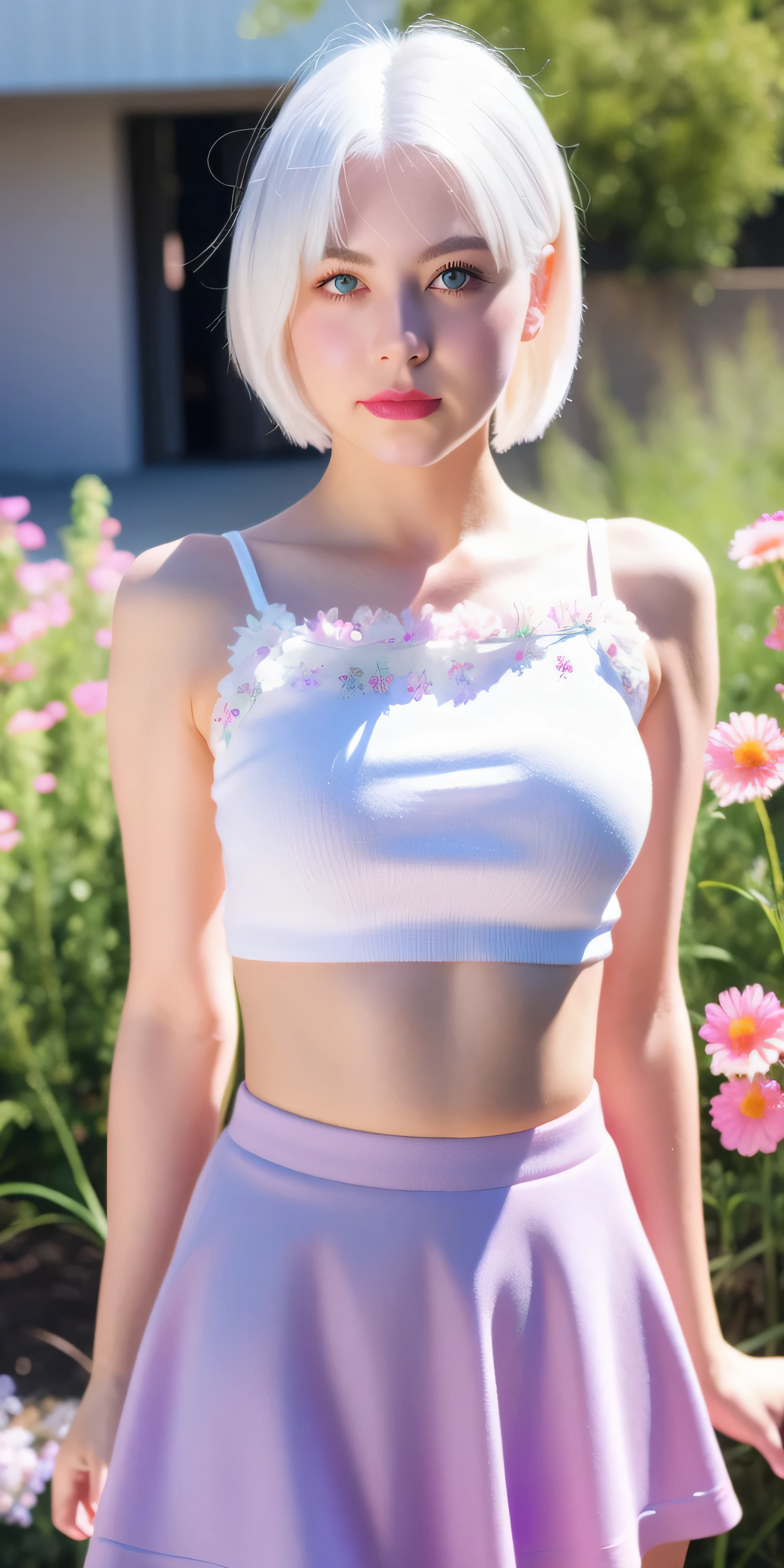 realistic, 1girl, white hair, purple eyes, glowing eyes, crop top, skirt, parted lips, blush, night, flowers, sun, sunlight,