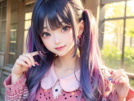The arrival of autumn、small face、 (alone:1.5,)Super detailed,明るいcolor, very beautiful detailed anime face and eyes, look straight, shiny_skin,girl, (((虹colorの髪, colorful hair, Half blue、half pink hair: 1.2))), 、shiny hair, delicate beautiful face, blush、Glasses、(turquoise eyes), , Valletta, earrings,、sunset、forest road、((Polka dot summer clothes、checked mini skirt,)))、(twin tails)、smile、happy face、face dyed red、color々pose、Head to toe full body portrait、(I can see the whole body)