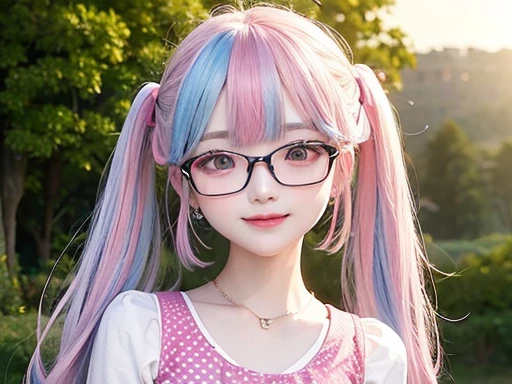 The arrival of autumn、small face、 (alone:1.5,)Super detailed,明るいcolor, very beautiful detailed anime face and eyes, look straight, shiny_skin,girl, (((虹colorの髪, colorful hair, Half blue、half pink hair: 1.2))), 、shiny hair, delicate beautiful face, blush、Glasses、(turquoise eyes), , Valletta, earrings,、sunset、forest road、((Polka dot summer clothes、checked mini skirt,)))、(twin tails)、smile、happy face、face dyed red、color々pose、Head to toe full body portrait、(I can see the whole body)