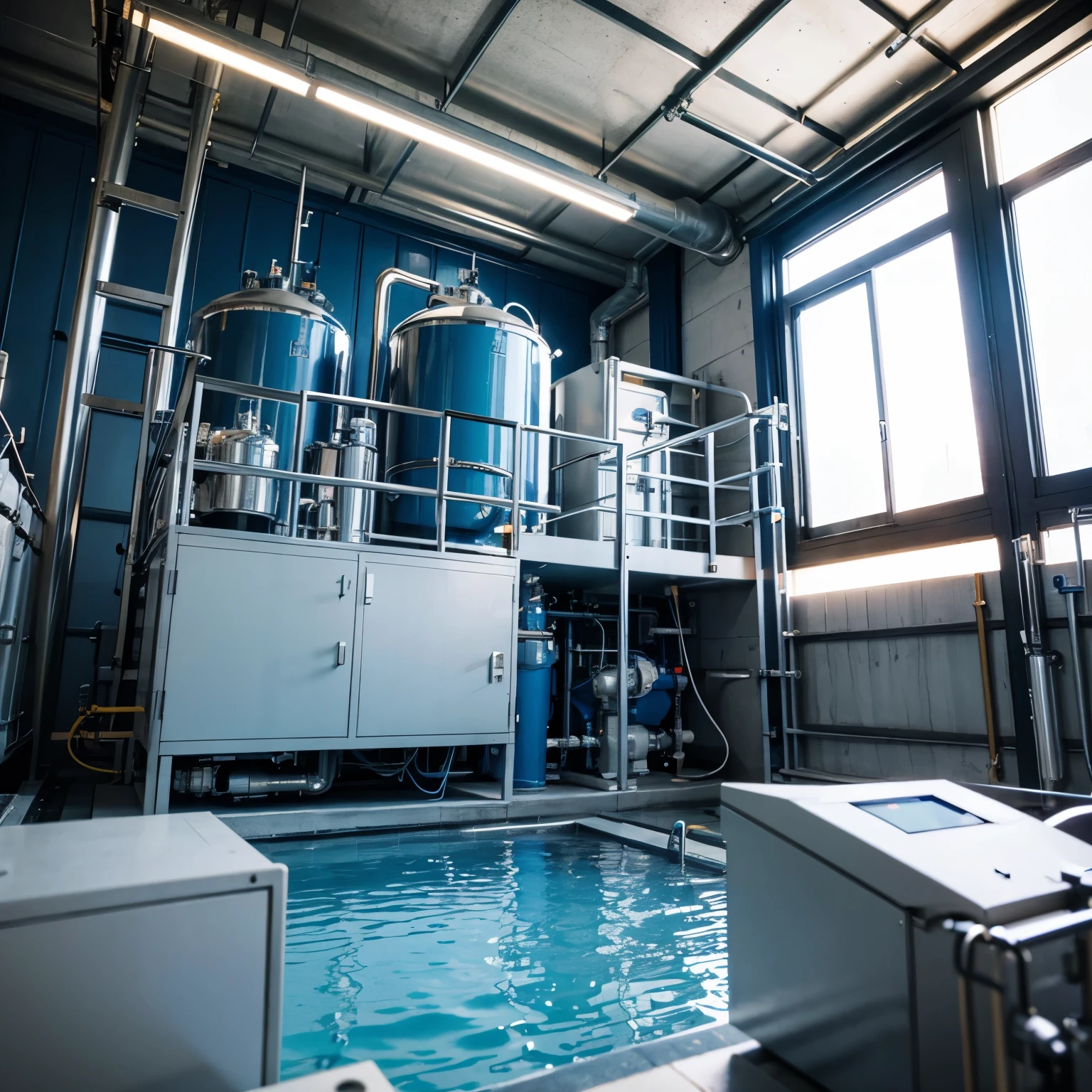 Make a 3D model of Water filtration system, Storage tank and a pH lowering machine that are connected to each other.