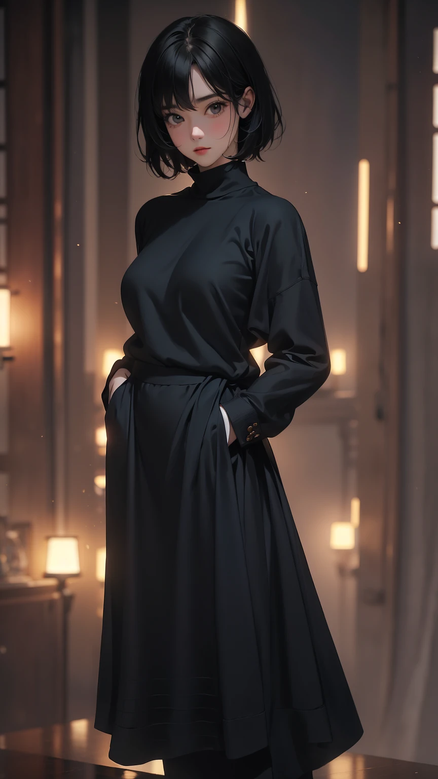 (Highly detailed CG unit 8k wallpaper, masterpiece, High resolution, highest quality, highest qualityのリアルテクスチャスキン), Pose with hands in pockets:1.4, A cool woman influenced by nostalgic and inorganic fashion, Nana Komatsu, Asymmetrical short hair, detailed costume, fine embroidery, Layered maxi skirt and crew neck pullover sweater combination:1.3, (blurred background, A room with vintage interior), hyper realistic, digital painting, concept art,