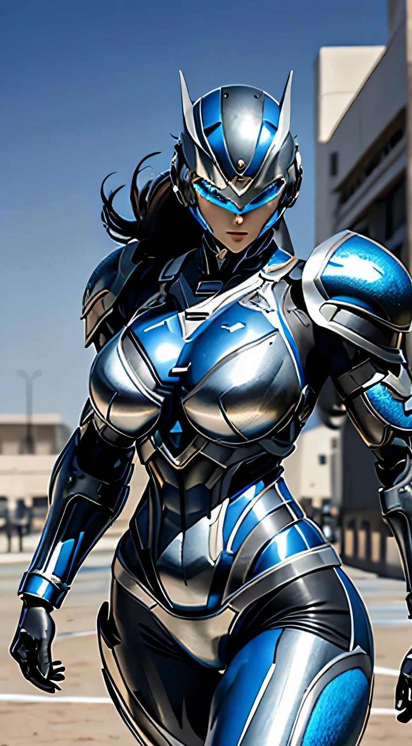 female robocop solo、bright outdoors、strong light source、8K, high quality, masterpiece, 最high quality、very detailed、Armor that completely covers the whole body、very large armor、Helmet covering the head、clear pictures、Eyes hidden by thin straight goggles:1.3、The lower half of the face is raw:1.5、The lower half of the face is exposed、luscious lips、Dark blue and white metallic armor、Armor that completely covers the chest、thin and long legs、Vibrant posel body view,big and full breasts:1.5, (sports body:1.5)、five fingers、photos around town