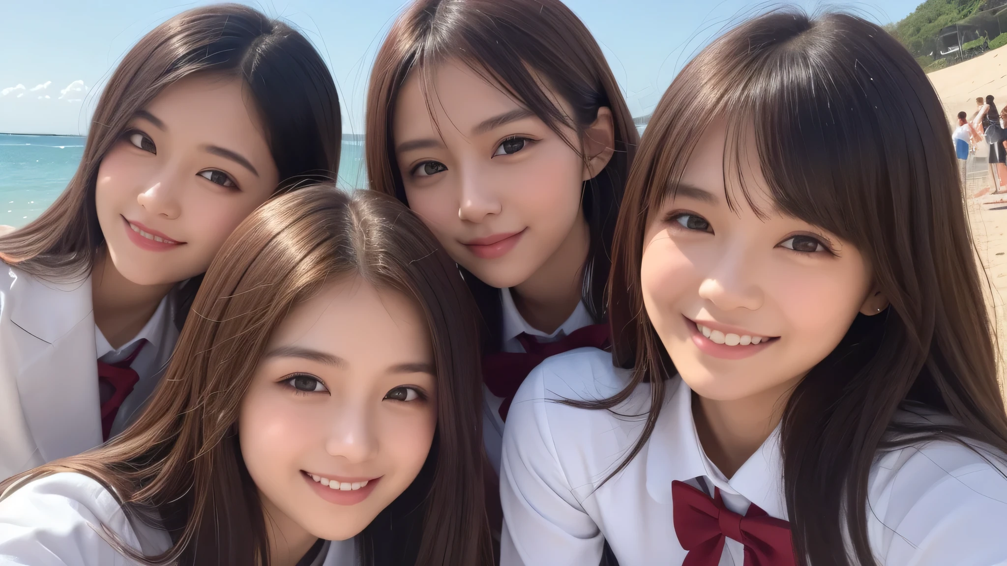 (8k, RAW photos, top quality, masterpiece: 1.2), ultra detail, super resolution, (realistic, actual photos: 1.37), (photorealistic: 1.6), eating lunch on the roof of the school. , Fantastic landscape, modern school uniform, fashionable sailor suit, school rooftop, lunch break, fashionable school, futuristic city, school of the future, future, future world, fantastic world, new world, high resolution RAW color photos, professional photos, very detailed and beautiful, (pointing at the camera), real lights (with arms wide open and palms facing us), smile so much that you can see your teeth, Beautiful scenery mixed with light, very detailed sailor suit, amazingly cute female proofreading, amazing cute smile, transcendent cute face, amazing details, red scarf, very detailed beautiful girls, different pattern face, one is ponytail, modern cute schoolgirl, very detailed face very detailed eyes, very realistic skin, very detailed fingers, very detailed nose, very detailed mouth, Perfect anatomy, highly detailed sailor suit, highly detailed background,after school,。 full of smiles, long straight hair, (dull bangs: 1.2), Celebrity level cuteness, high school girl youth (pink eye shadow)