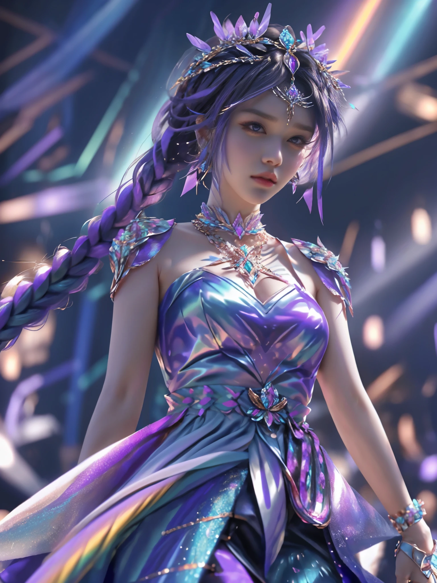 best quality, 1 girl, WHO, alone,Colorful braided dress, looking at the audience, upper part of the body,purple light hits the girl