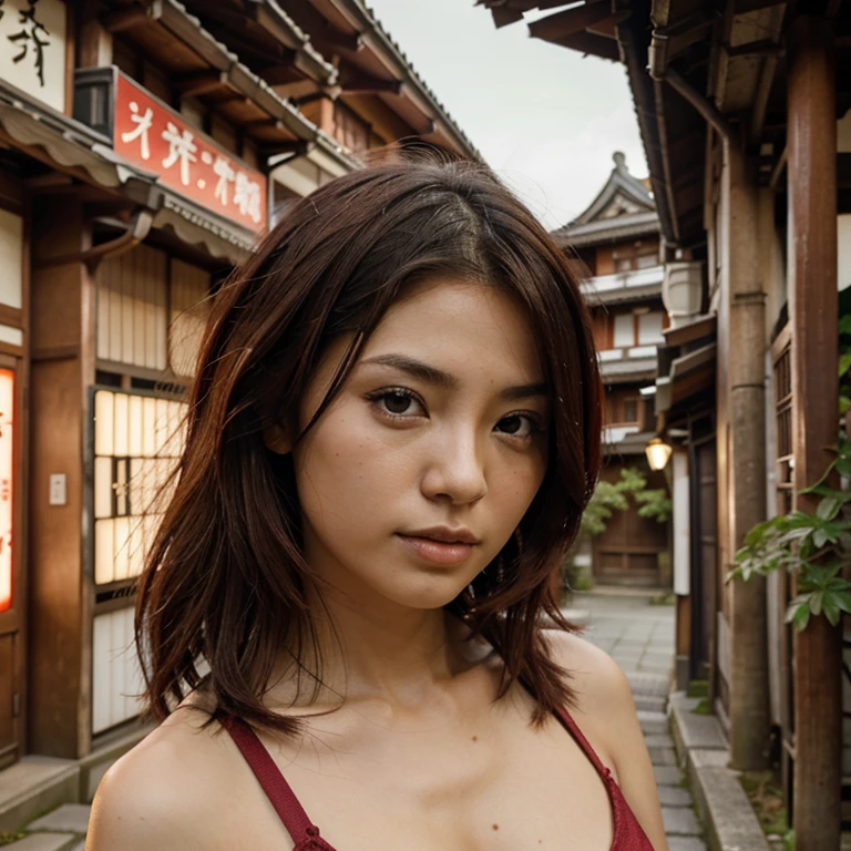 A portrait of nude woman, standing in the old town of Kyoto with tentacle monster