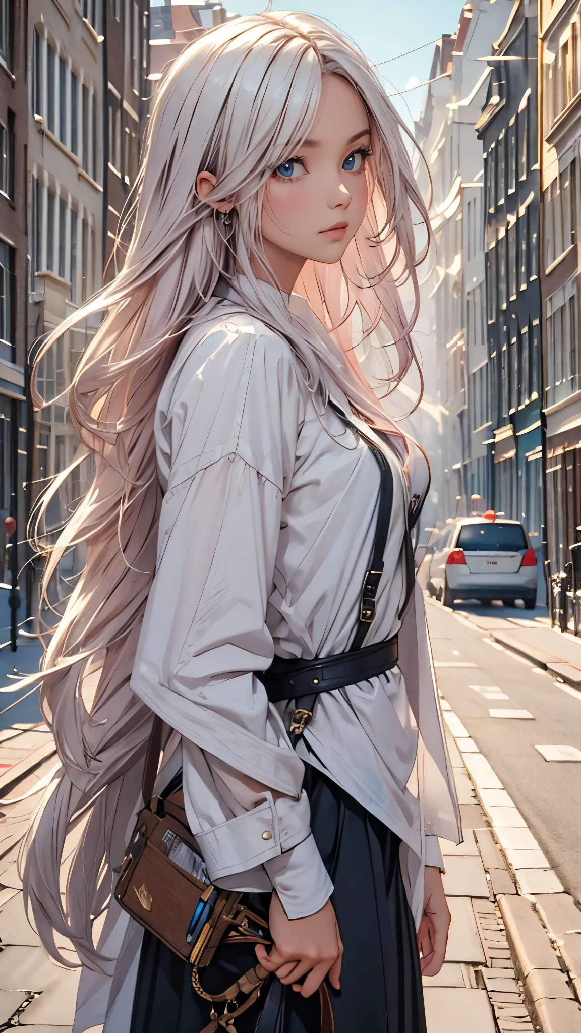 (gradient hair, dutch angle:1.3), film grain, chromatic aberration, city centre, masterpiece, risbeauty, best quality, raw photo, photorealistic, absurdres, 1girl, cute, perspective, cowboy shot, highres, ultra detailed, finely detail, detailed eyes and face, sharp pupils, realistic pupils, sharp focus, summer, night,