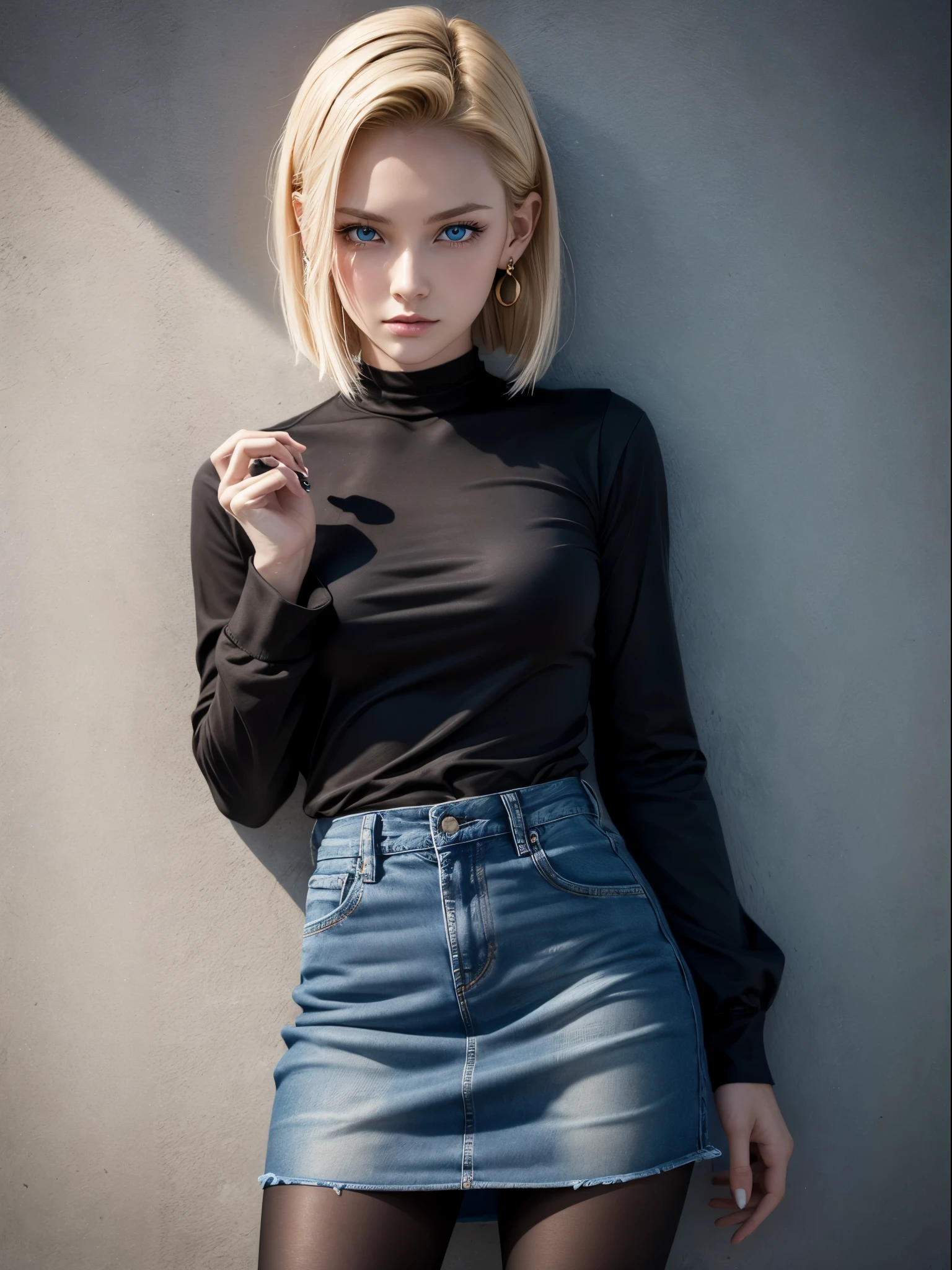 best quality, high resolution, and 18, 1 girl in, Android 18, alone, blonde hair, blue eyes, short hair, earrings, jewelry, denim dress, black pantyhose, Black shirt, Denim skirt, striped long sleeves, blue skirt, medium breasts, Cowboy shooting, street