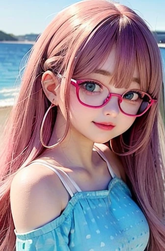 small face、 Glasses、Super detailed,明るいcolor, very beautiful detailed anime face and eyes, look straight, shiny_skin,girl, (((虹colorの髪, colorful hair, 半分は白colorの髪、half pink hair: 1.2))) 、forehead is exposed.、green eyes、、shiny hair, delicate beautiful face, blush、Glasses、(turquoise eyes), White skin, Valletta, earrings,、sunset、Ocean、swim、（（（Polka dot pattern、Blue summer clothes、White checked mini skirt）））、twin tails、smile、happy face、face dyed red、color々pose、Head to toe full body portrait、emphasize the buttocks