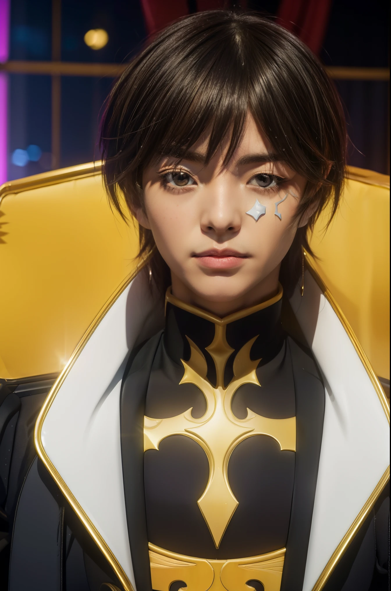 (Night:1.7), Castle, sitting at attention,sitting on throne,(Close-Up), yellow and black outfit ,holding_staff,black coat, lelouch_lamperouge, black_hair,purple_eyes, 1 man, 20yo,male,Beautiful FingerBeautiful body,Beautiful Nose,Beautiful character design, perfect eyes, perfect face, looking at viewer, NSFW,official art,extremely detailed CG unity 8k wallpaper, perfect lighting,Colorful, Bright_Front_face_Lighting, (masterpiece:1.0),(best_quality:1.0), ultra high res,4K,ultra-detailed, photography, 8K, HDR, highres, absurdres:1.2, Kodak portra 400, film grain, blurry background, bokeh:1.2, lens flare, (vibrant_color:1.2)