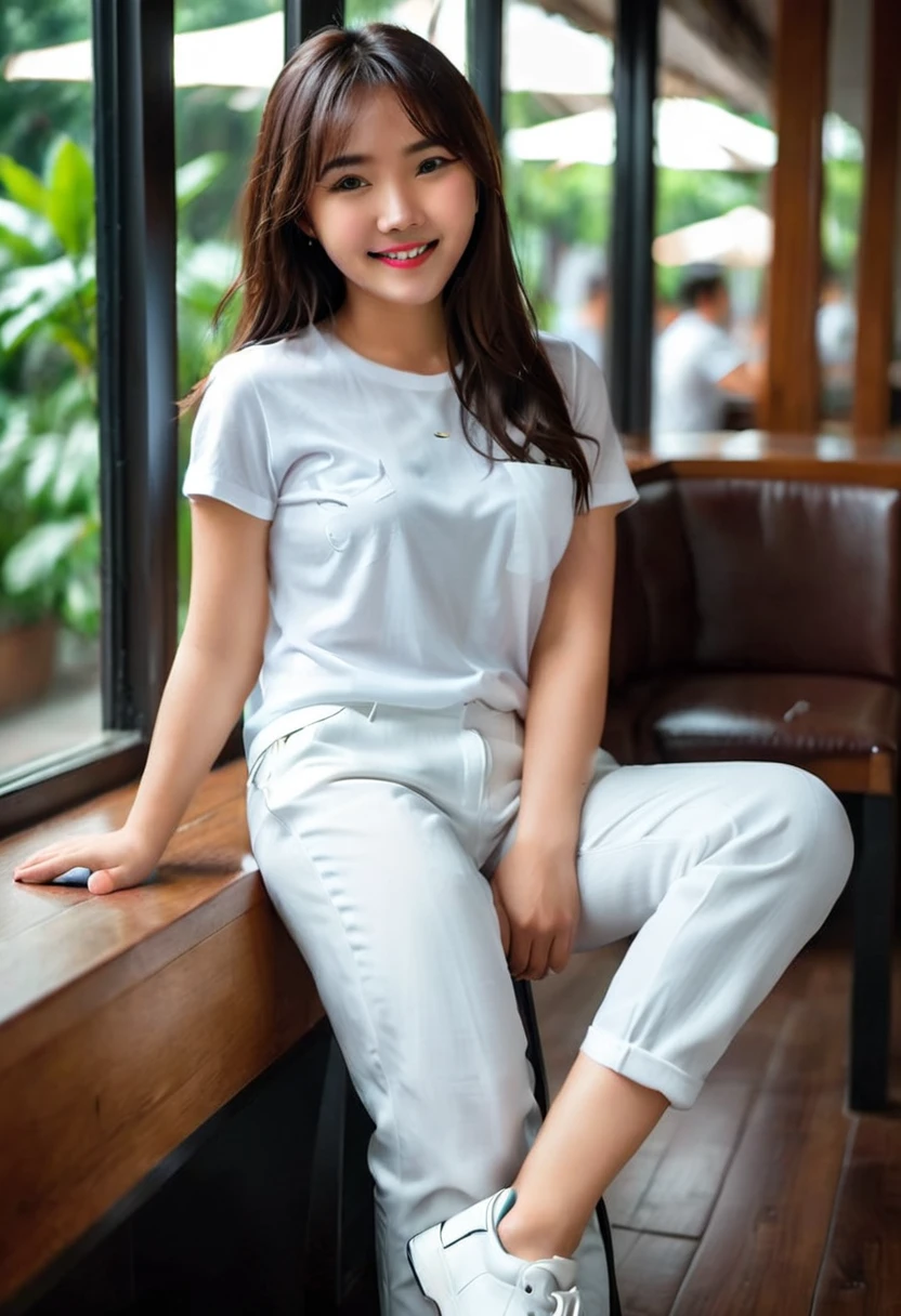 Realistic photo 1:4)) 22 year old Indonesian woman, beautiful and graceful, Asian from Indonesia wearing a detailed plain white t-shirt, detailed long Levis pants, wearing a detailed watch, detailed rebook shoes, full body appearance with a gentle smile, sitting in front of the cafe door luxurious, greenery, realistic details, 1:4 HD quality photography, cinematic