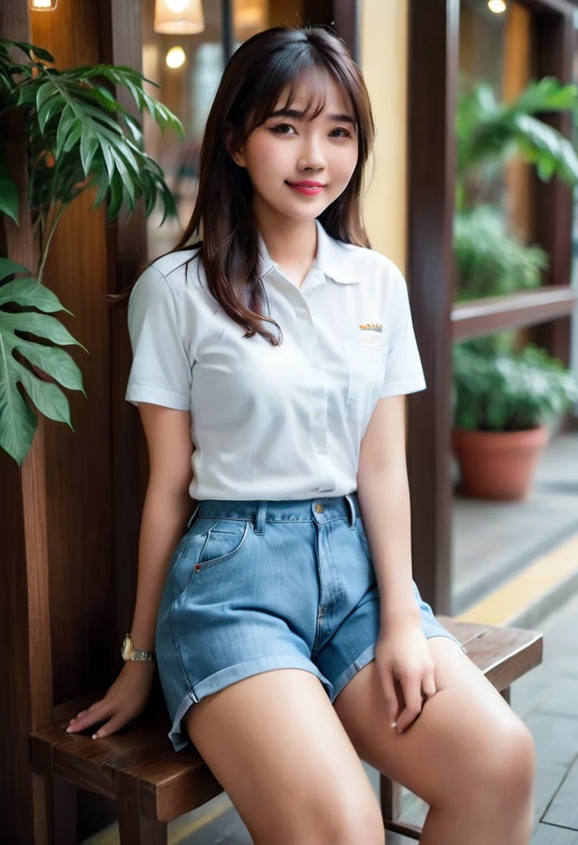 Realistic photo 1:4)) 22 year old Indonesian woman, beautiful and graceful, Asian from Indonesia wearing a detailed plain white t-shirt, detailed long Levis pants, wearing a detailed watch, detailed rebook shoes, full body appearance with a gentle smile, sitting in front of the cafe door luxurious, greenery, realistic details, 1:4 HD quality photography, cinematic