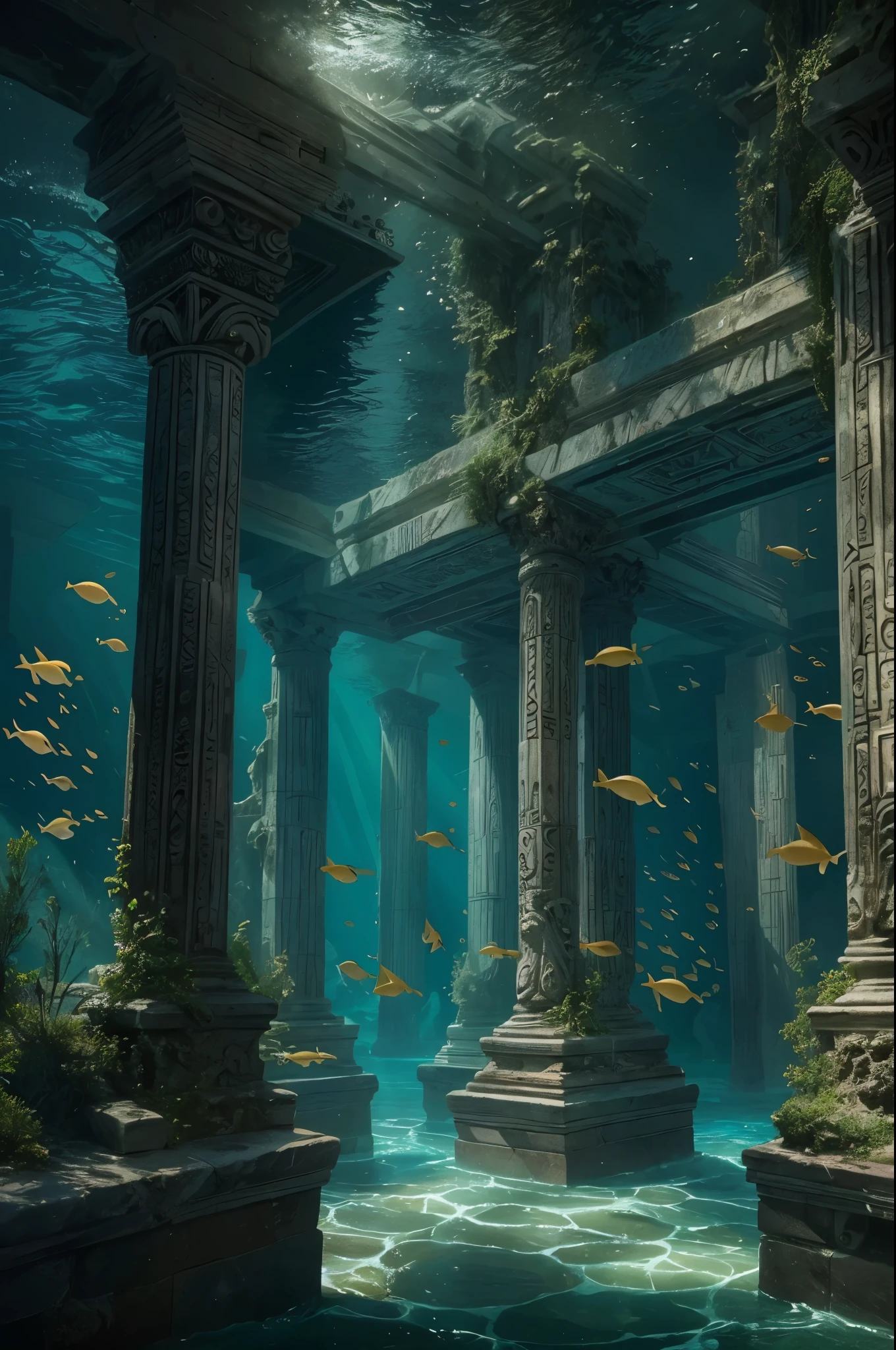 Masterpiece, (ancient Atlantis 1628 BCE under the water: 1.4), Envision the once-magnificent city of Atlantis, now a haunting visage of beauty and grandeur, lying silent beneath the ocean's embrace after its submersion in 1628 BCE. This Greek city, submerged, is surrounded by a surreal and dramatic atmosphere, where the sea reigns supreme, its waters both a tomb and a cradle to the remnants of what was. under the water, The architecture, adorned with intricate carvings and statues, stands defiant yet serene amidst the aquatic world, creating a scene that blurs the line between reality and the magic of Greek mythology. under the water, Ethereal light filters through the water, illuminating the city in a ghostly glow, suggesting the presence of divine forces and the enduring legend of Atlantis in a realm where time seems to stand still, under the water, 16K, ultra high res.photorealistic, UHD, RAW, ultra wide angle, under the water