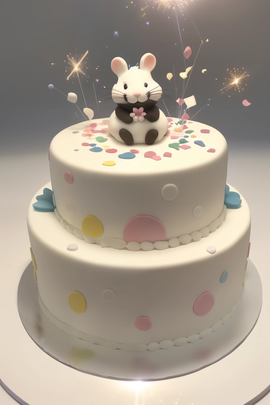 ((worst quality, low-quality)), Big birthday cake in the center, ferret,  White rabbit, White rat, Surrounding the cake, Confetti, Landscape of flower garden, rainbows, (Shining sunlight), (light Particle, light glow, llight rays:1.4), masutepiece,Best Quality,ultra-detailliert,