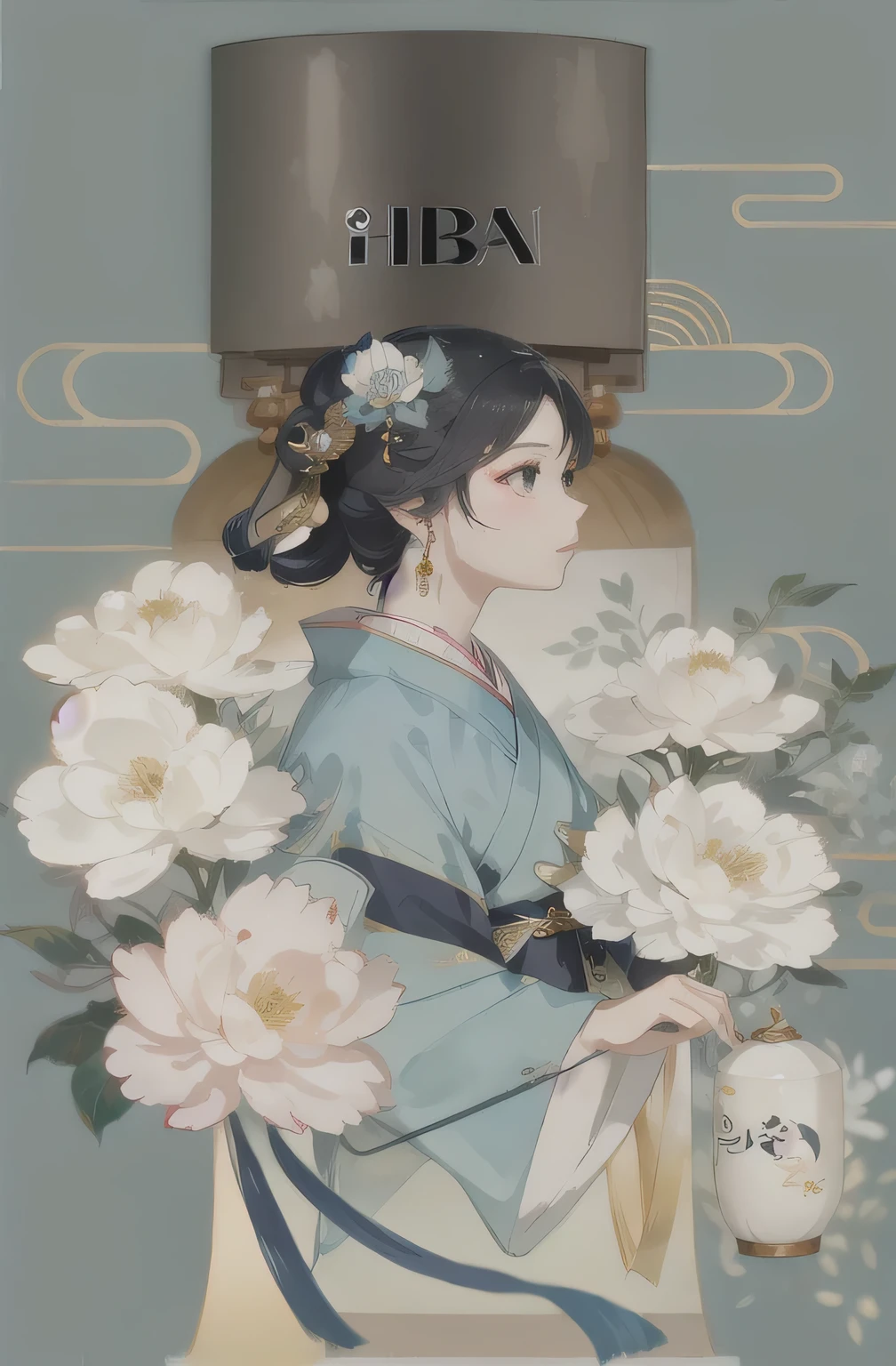 There is one、Woman with flowers in her hand, palace , A girl wearing Hanfu, Japanese art style, guweiz style artwork, A beautiful artistic illustration, Chinese painting style, Hungry Ghost Festival, beautiful figure painting, Inspired by Mei Qing, Chinese art style, Inspired by Yun Shouping