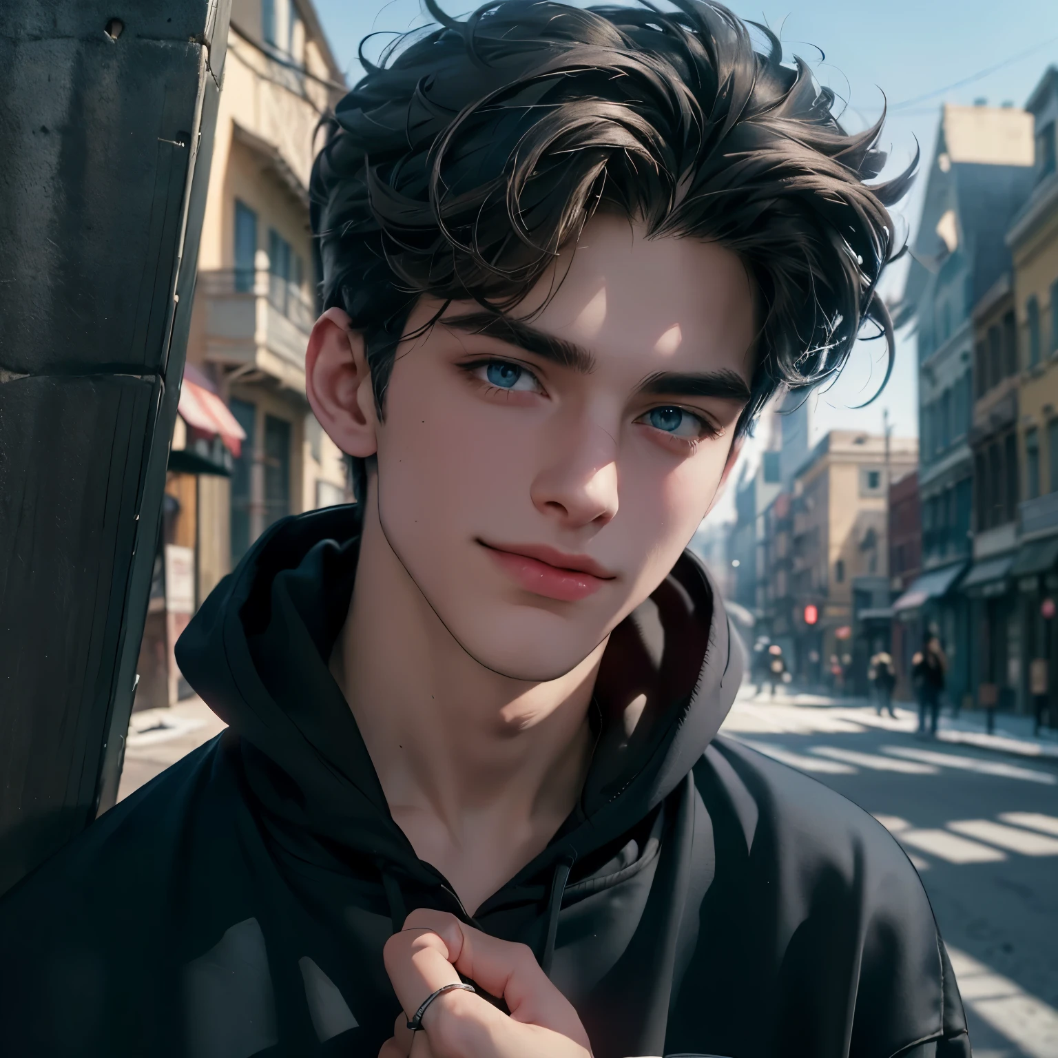 a handsome European male in early twenties looking up with cynical smile, short grayish khaki hair, (((street snap))), wearing black hoodie and blue jeans with his hands in pockets, busy afternoon street with sunlight, highly detailed, cinematic lighting, unreal engine, surrealistic, ultra quality, (((masterpiece))),