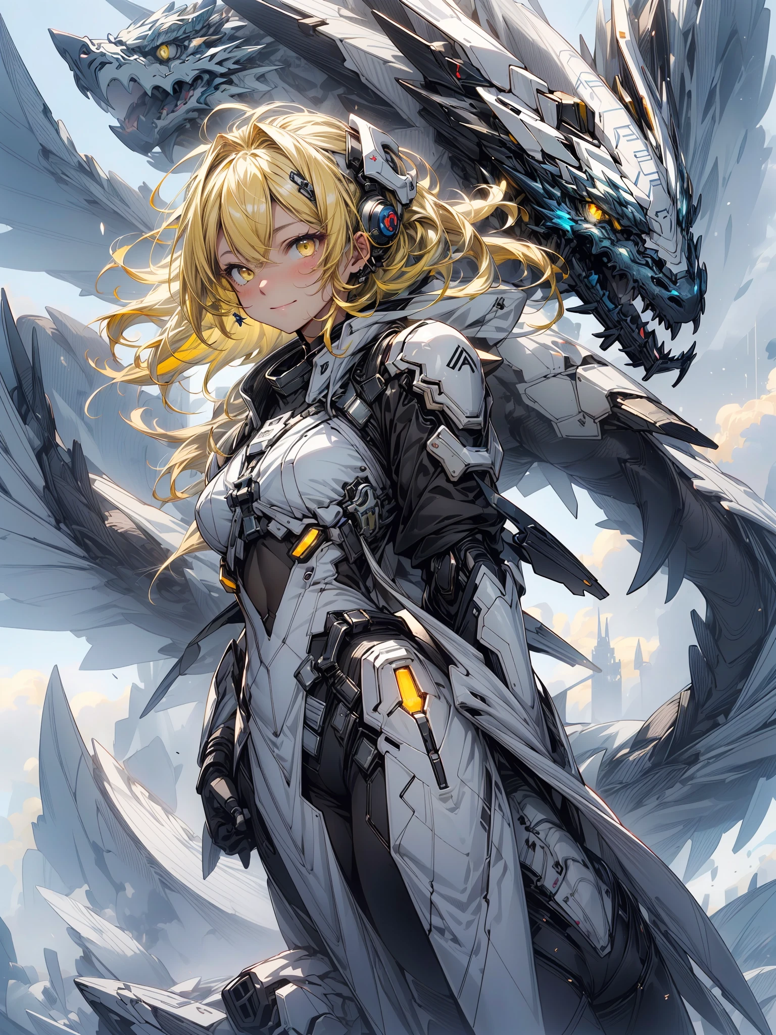 (masterpiece, highest quality, highest quality, official art, beautiful and aesthetic:), future city, armor, (girl flying in the sky:1.4), Wind, storm, Complex, elegant, very detailed, Smooth, sharp focus, dragon ears, Backlight, 8K, Big mecha monster on the background, night, (dark environment), shy smile, open your mouth、short ponytail hair, (yellow hair、 bright yellow eyes:1.2), sparkling eyes, Embarrassingly cute face, cute, big breasts, delicate hair, messy hair,