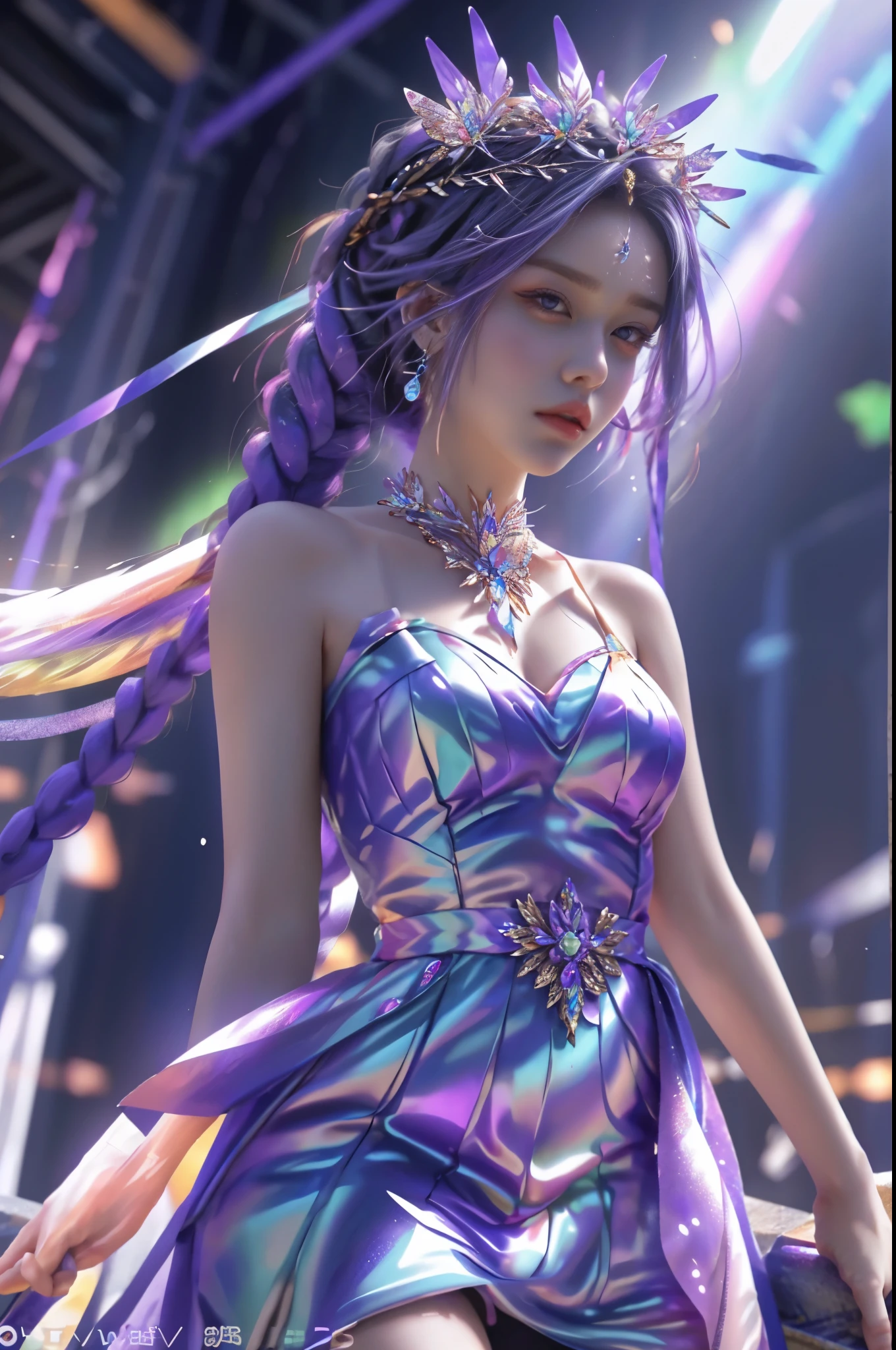 Full figure, seven -clinging shooting, 18 years old, wearing transparent science fiction dress, exquisite faces, details, hands, ultimate details, amazing magnificence, LED internal lighting, Pedaipan style, fiber hair, glowing rainbow iris, glowing rainbow iris,
