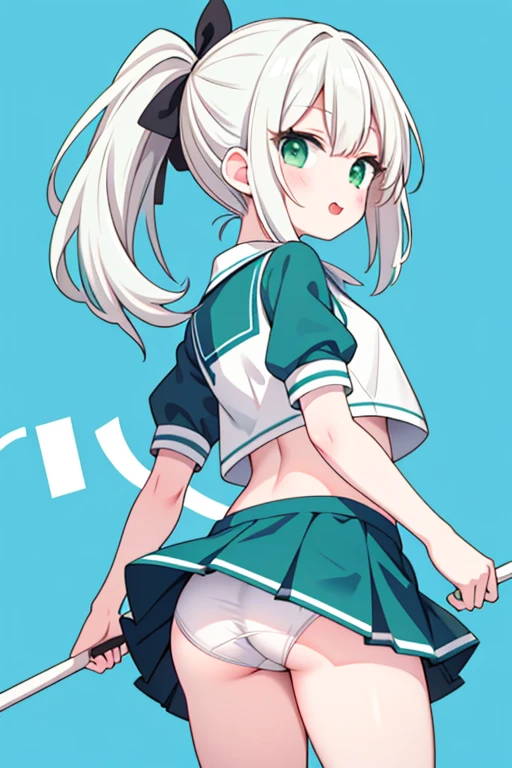 girl、、ponytail、White sports uniform、green mini skirt、turn your back、flip up the skirt、underwear、stick out tongue